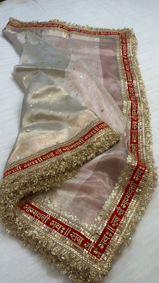 “Sada saubhagyawati” border panetar tissue silk white-red border kadhwa saree