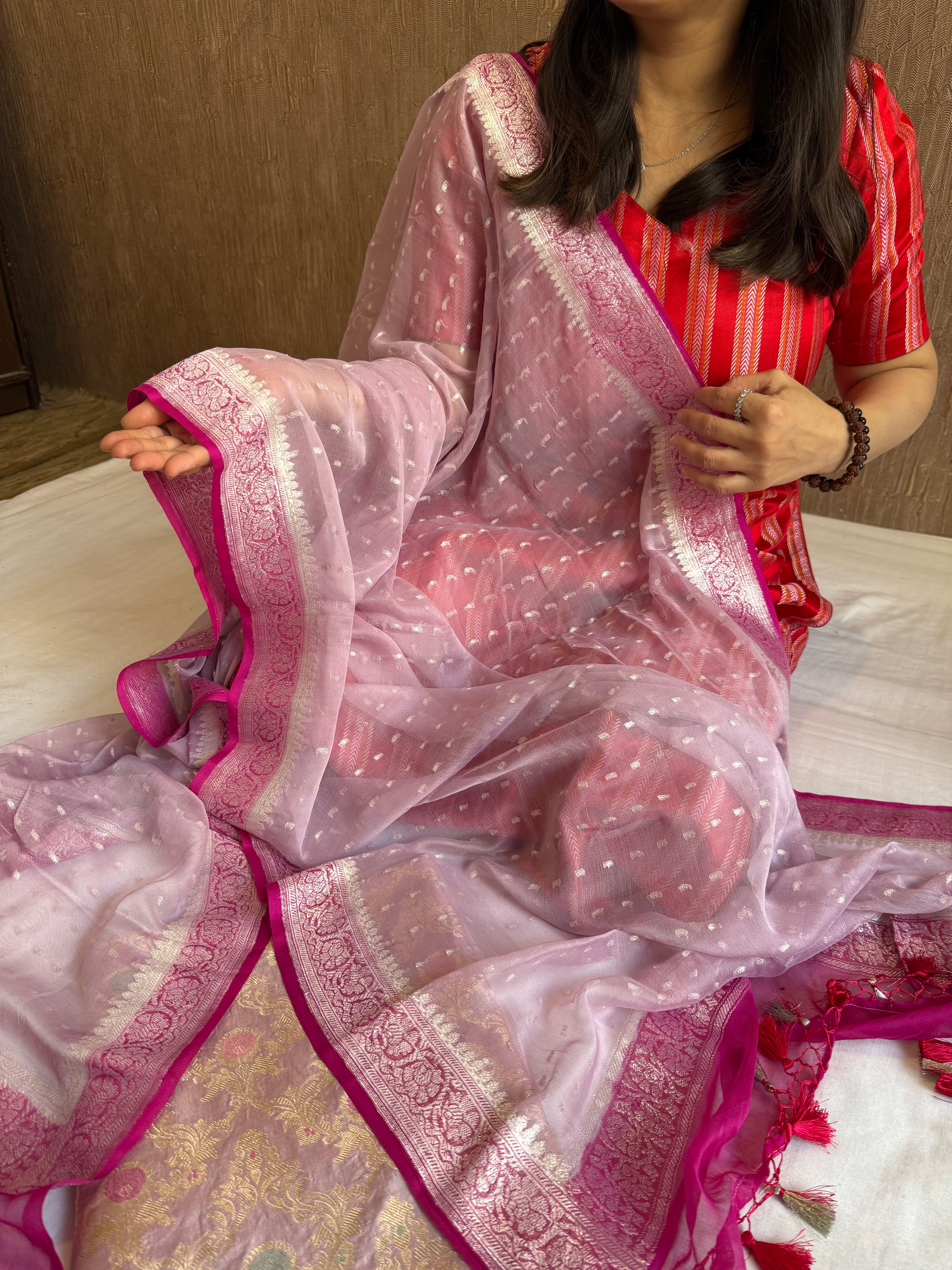 Blush pink - Hot pink katan silk kadhwa jaal kurta paired with chap dye chiffon gorgette duppata set