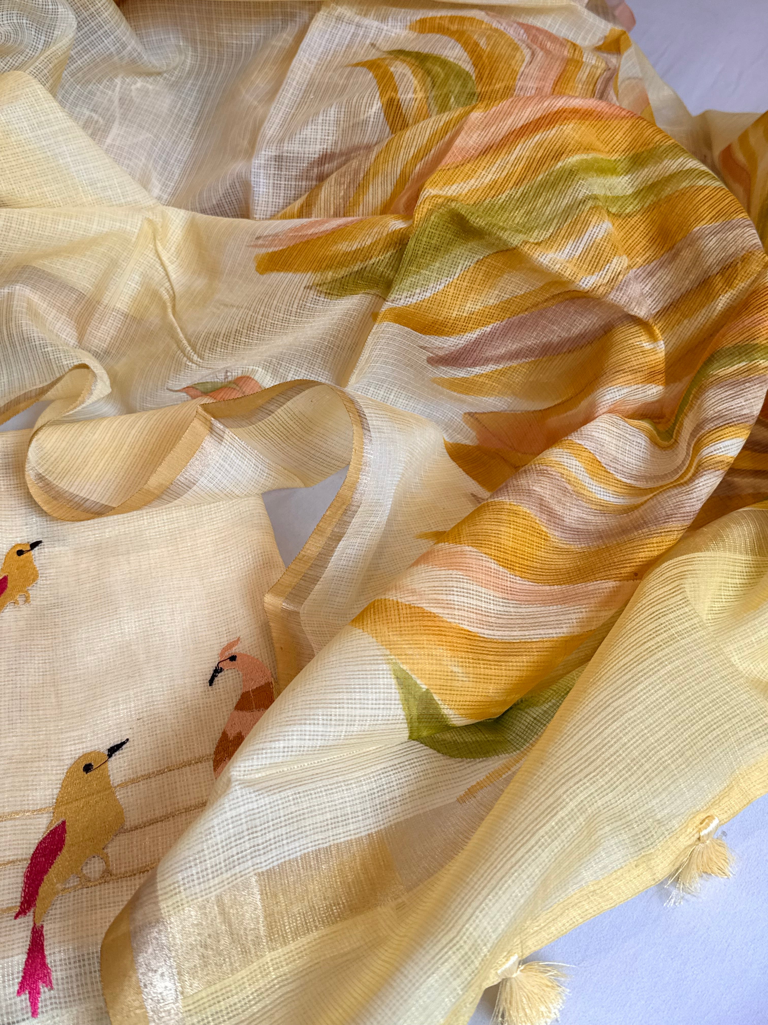 BELOW 8K - light yellow cotton kota silk resham work banarasi suit set