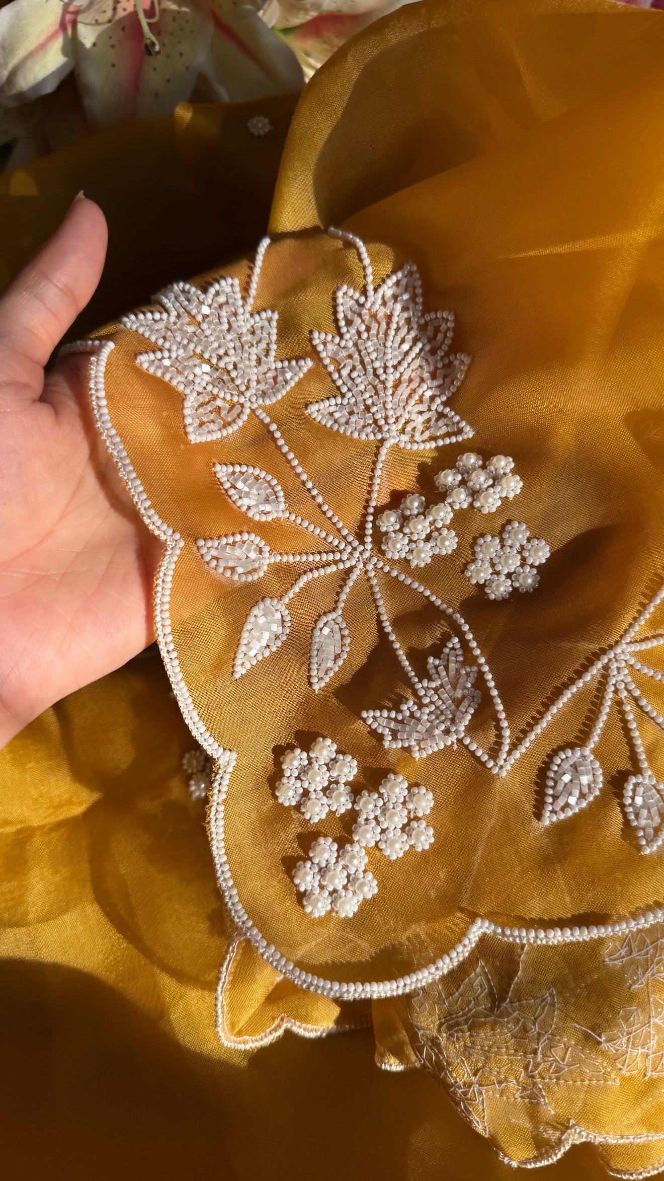 Mustard pearl work heavy hand embroidered kora silk suit set