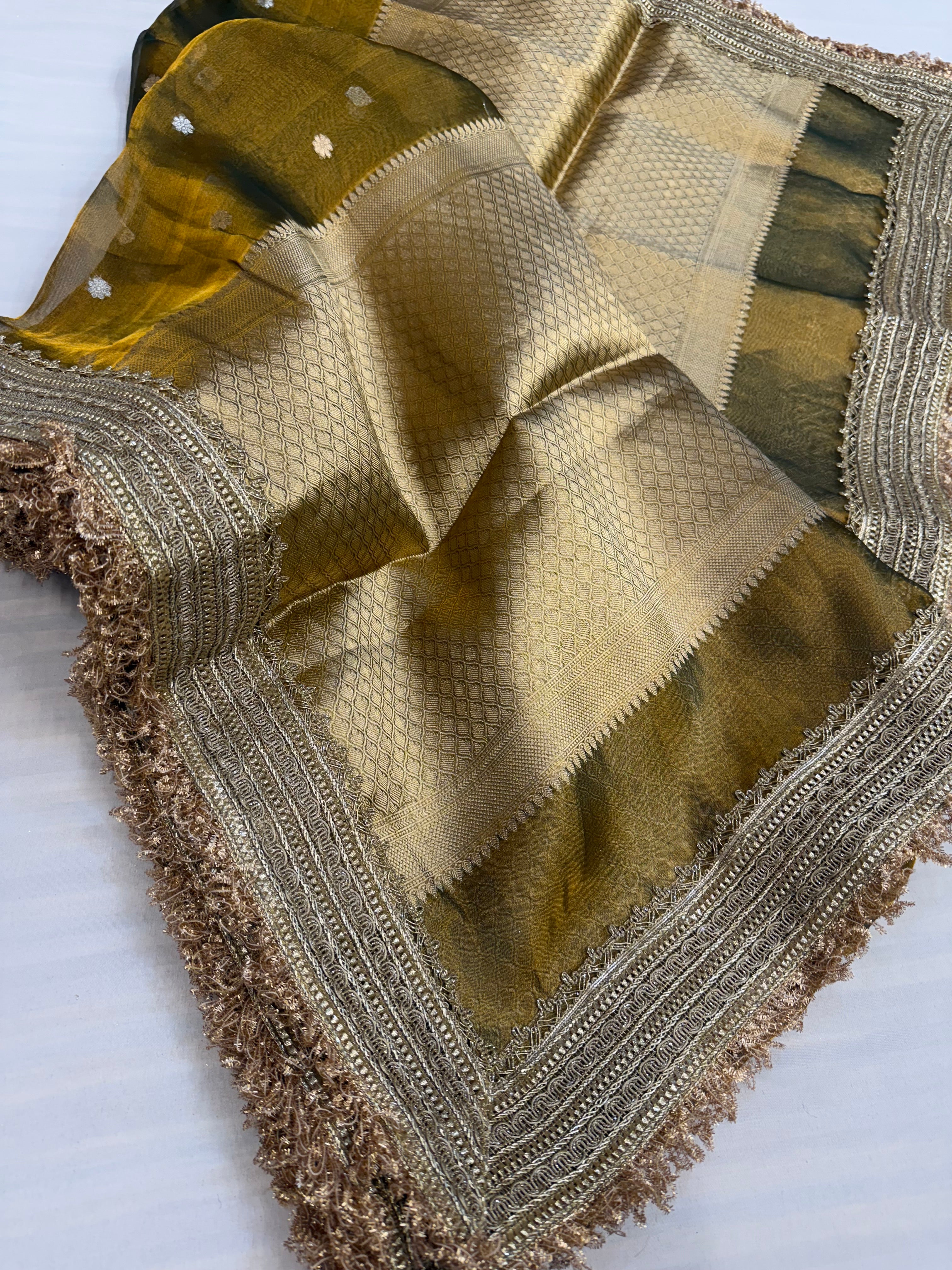 Antique green maharani tissue silk kadhwa buti saree
