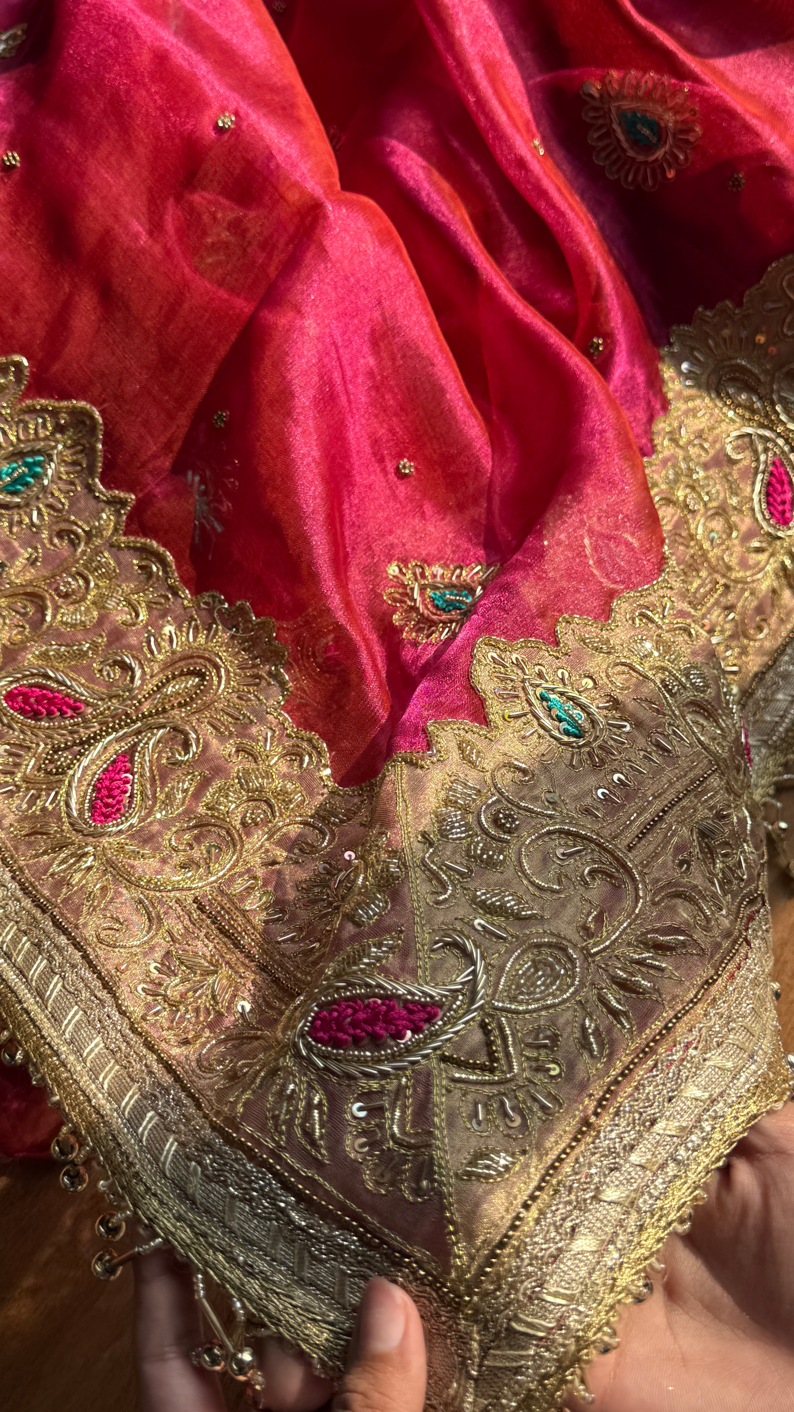 Golden banarasi zardozi heavy hand embroidered meenakari saree