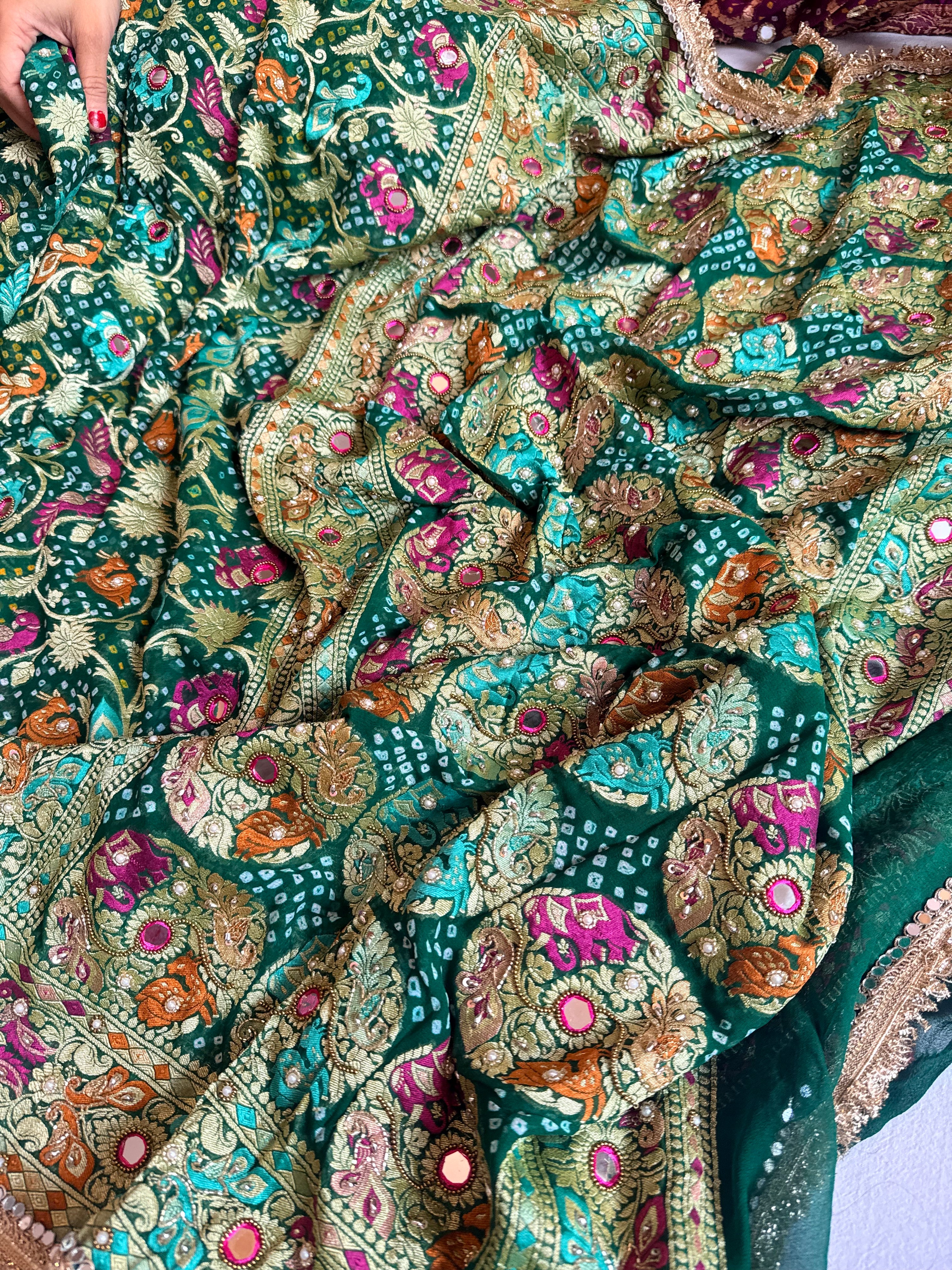Banarasi chiffon gorgette rai bandhej kadhwa weaving hand embroidered saree