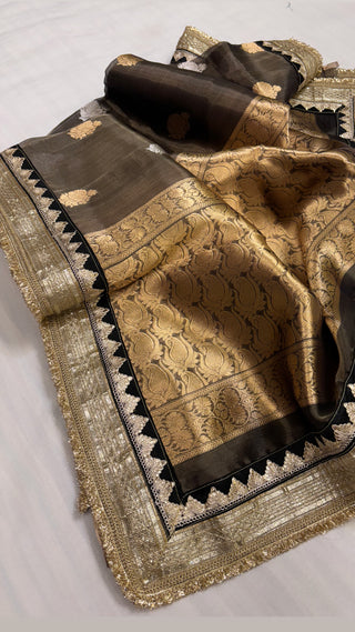 Maharani metallic grey tissue silk kadhwa buti saree