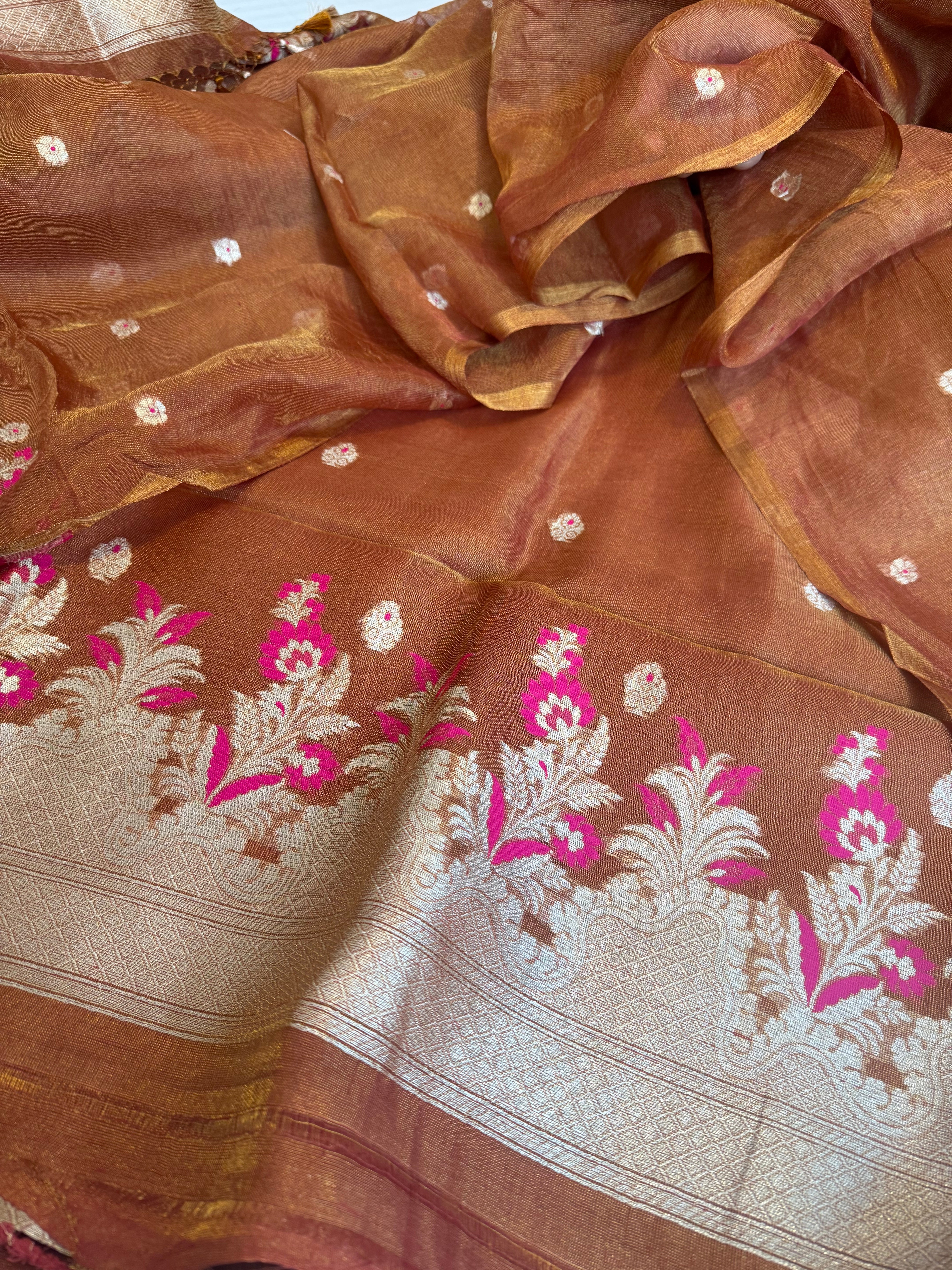 Linen tissue soft orange meenakari kadhwa suit set