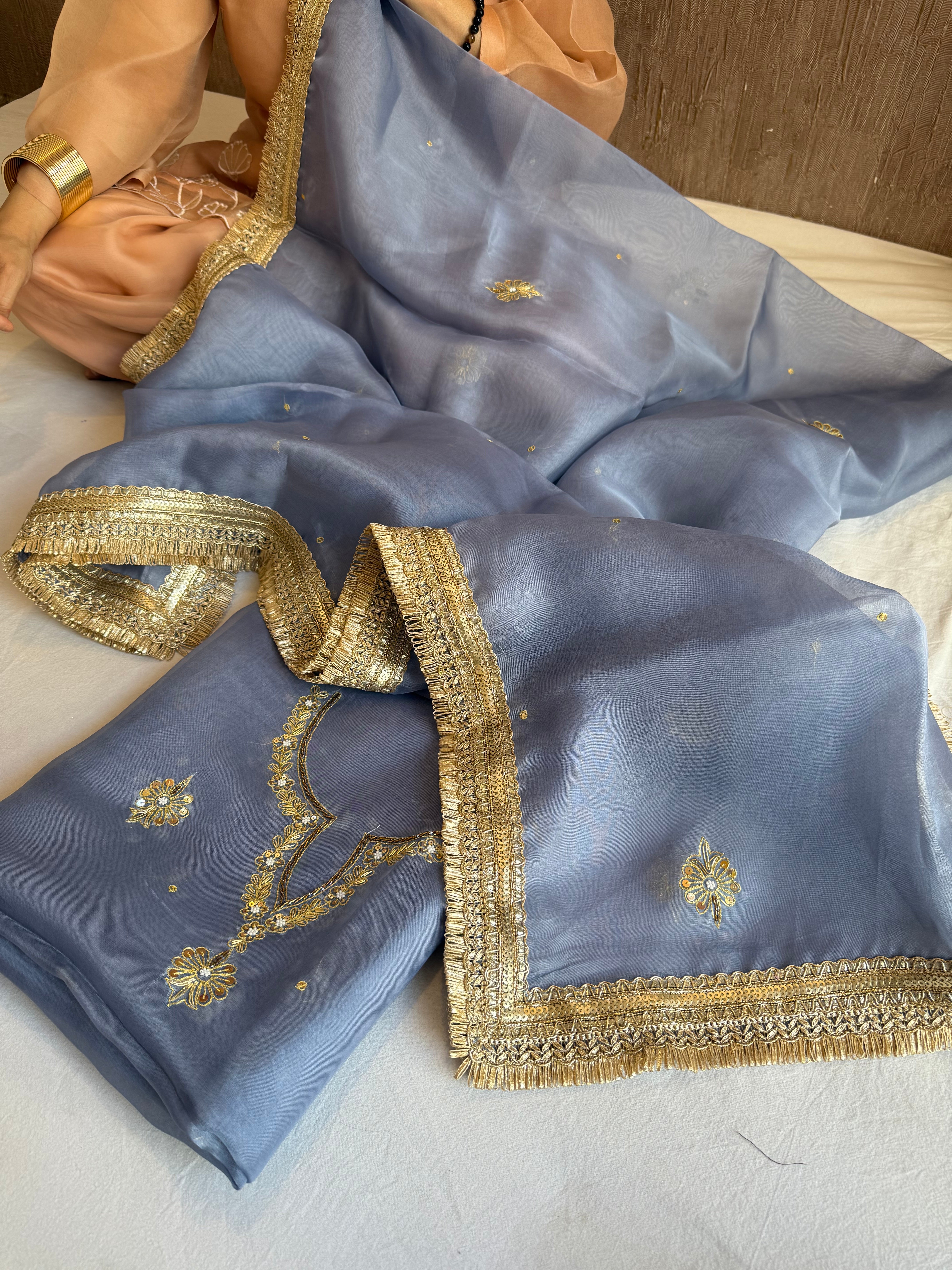 Aari and tilli hand embroidered kora silk marine blue kadhwa suit set