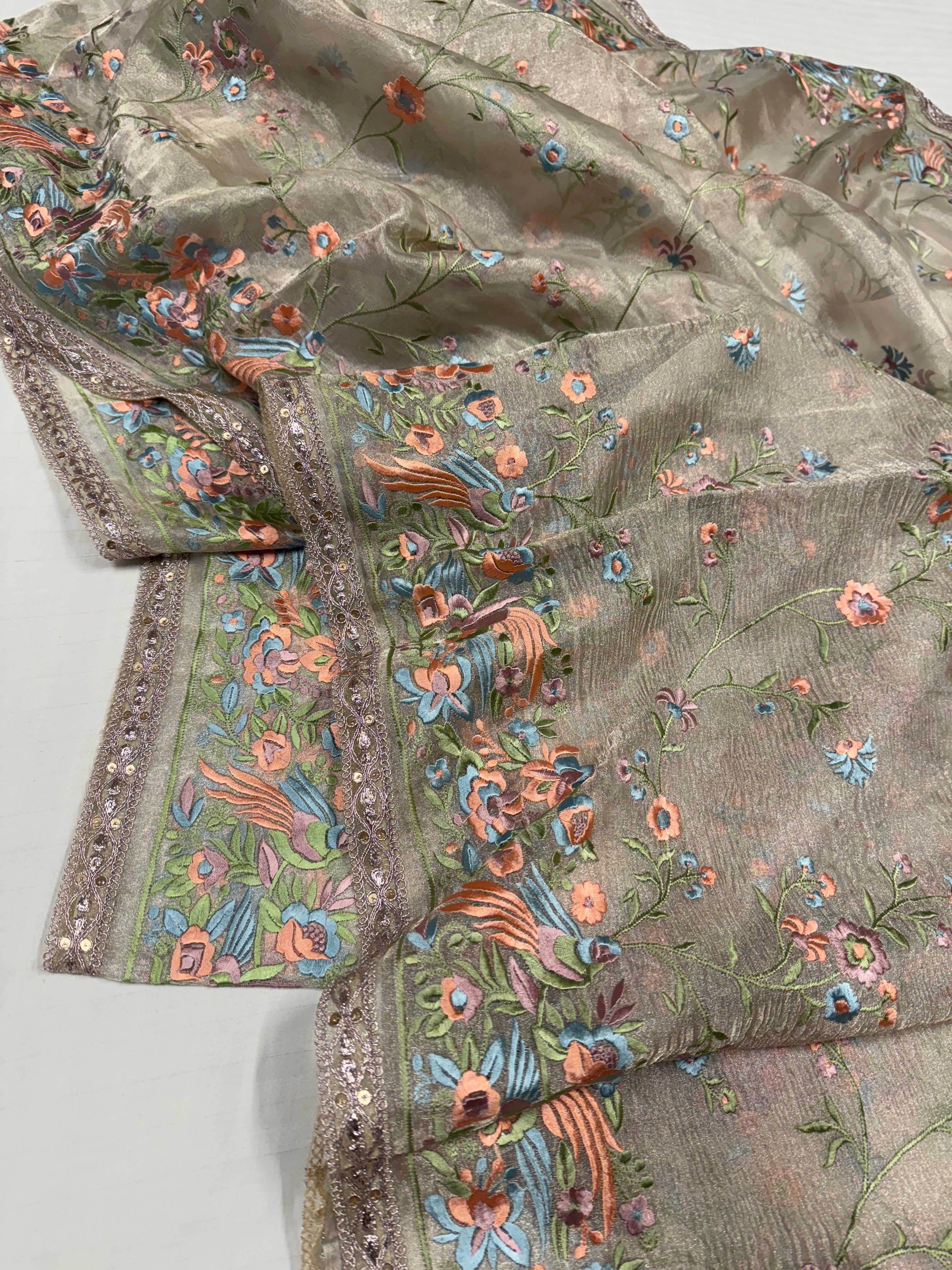 “Parsi gara” inspired tissue silk heavy resham work hand embroidered saree