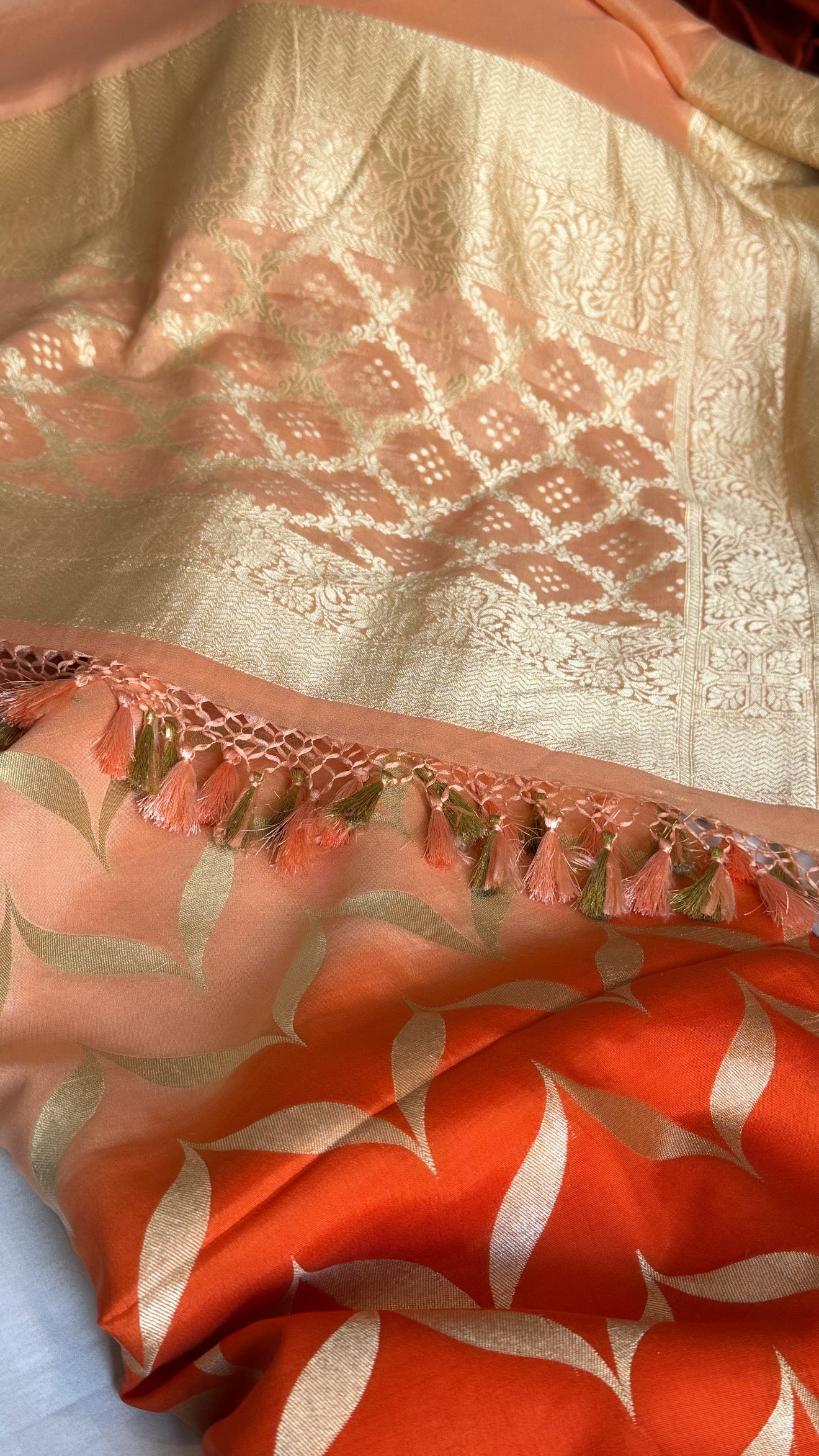 Fanta orange ombre shaded kadhwa chiniya silk kurta paired with chiffon gorgette duppata