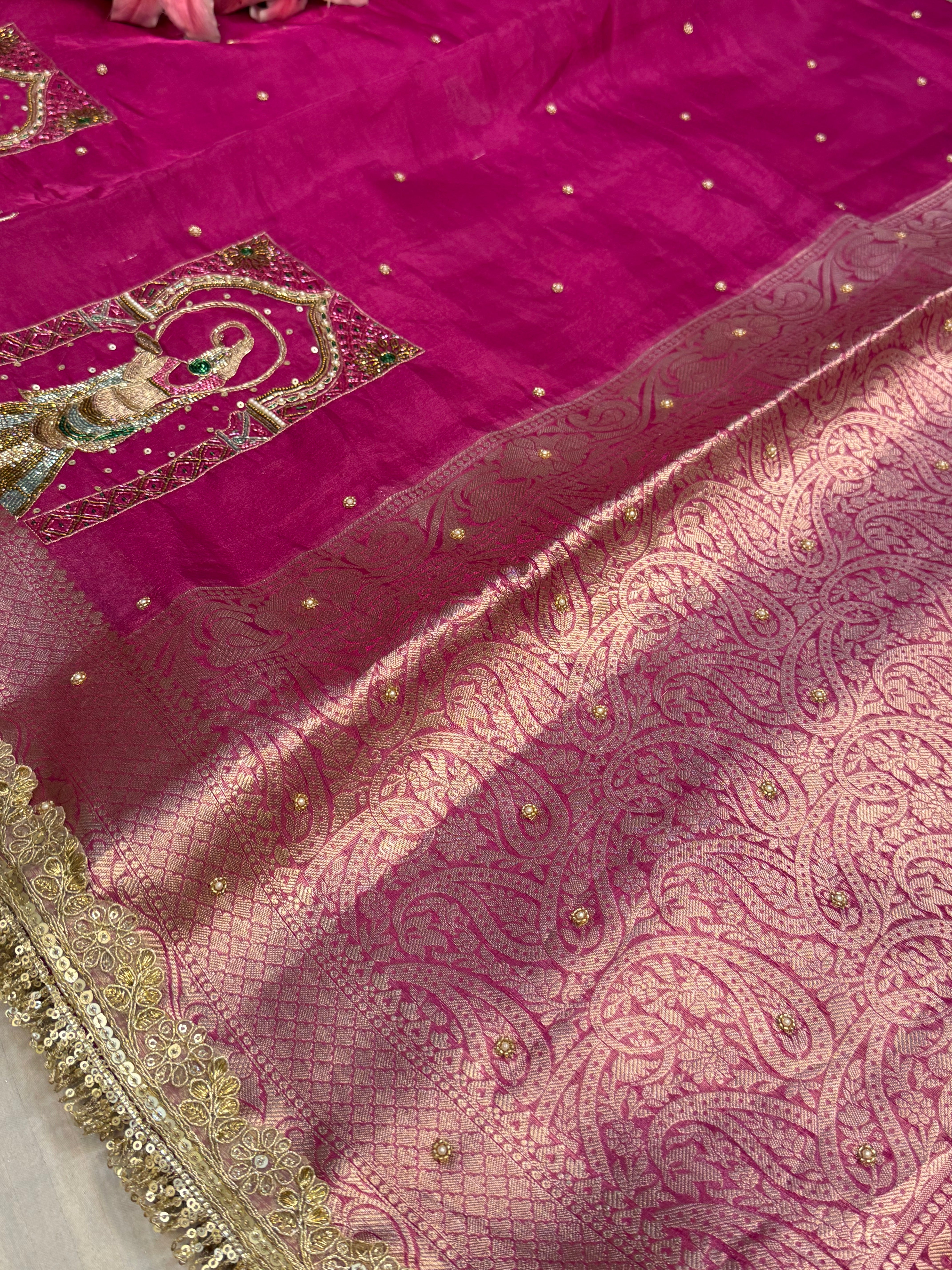 Karwachauth special - Hot metallic pink tissue silk hand embroidered kadhwa saree