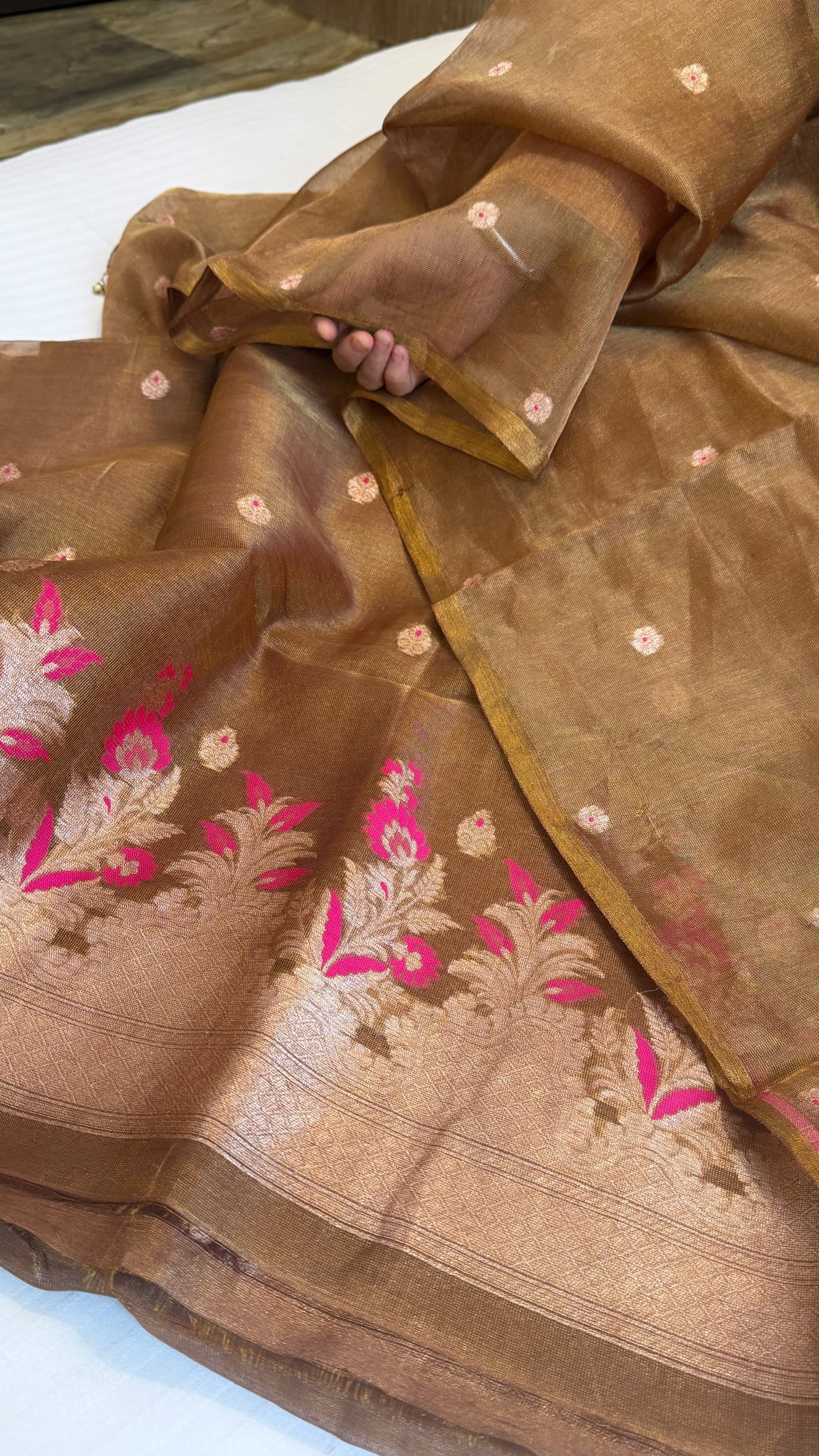 Linen tissue rose brown kadhwa meenakari buti suit sets