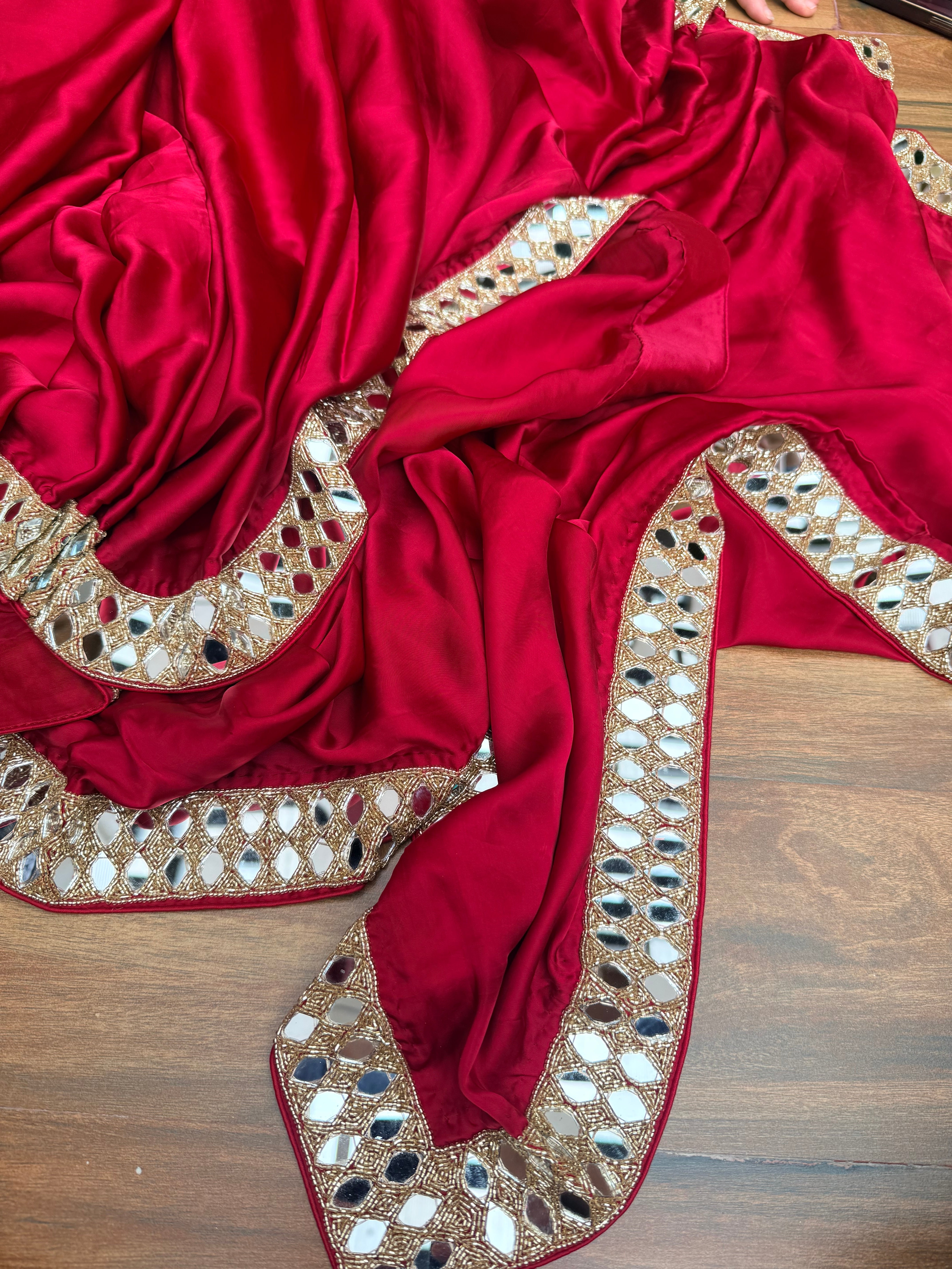 Tyohaar edit - Chilly red mashru satin silk mirrorwork kadhwa saree