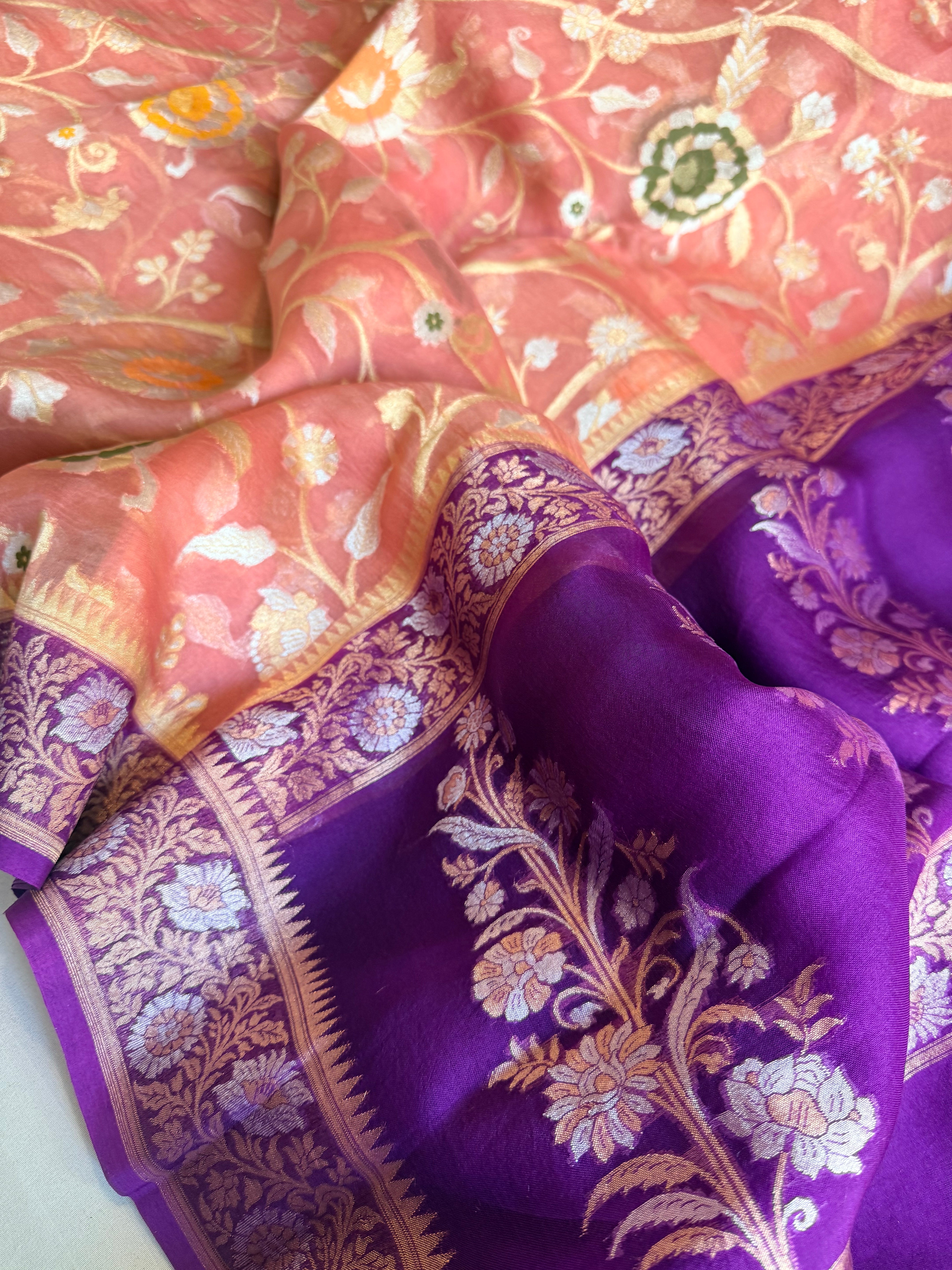 Kora silk kadhwa meenakari with contrast border pallu jamdani banarasi saree