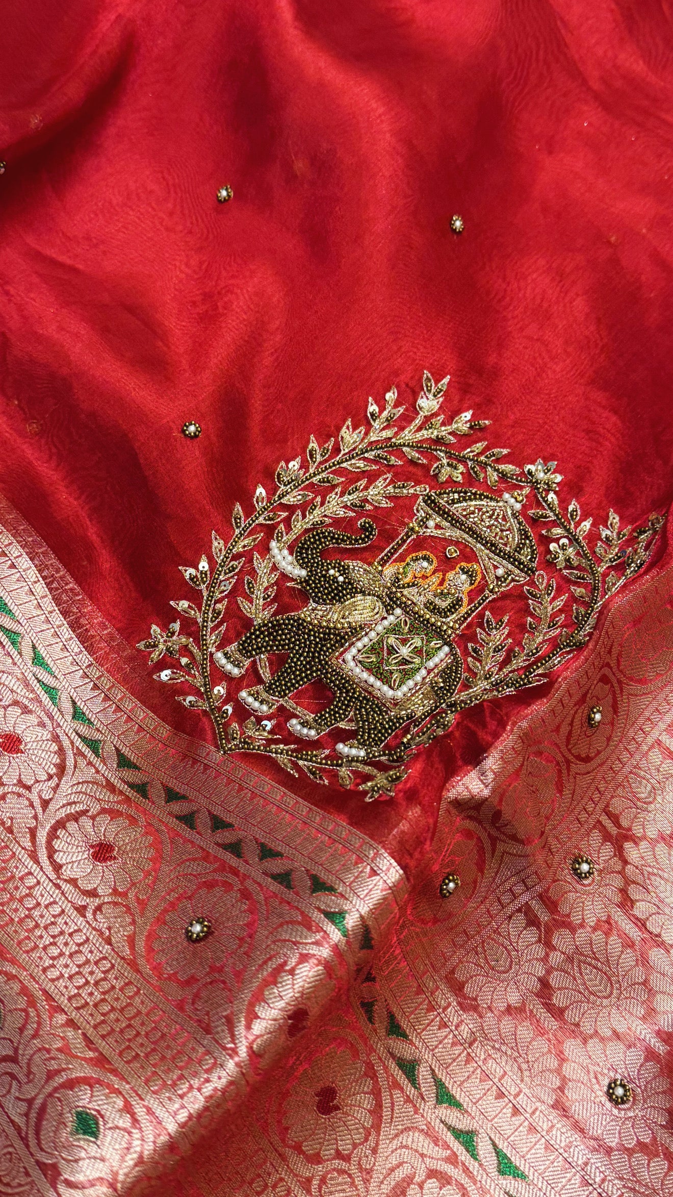 Karwachauth special - Blood red tissue silk baarat motif hand embroidered saree