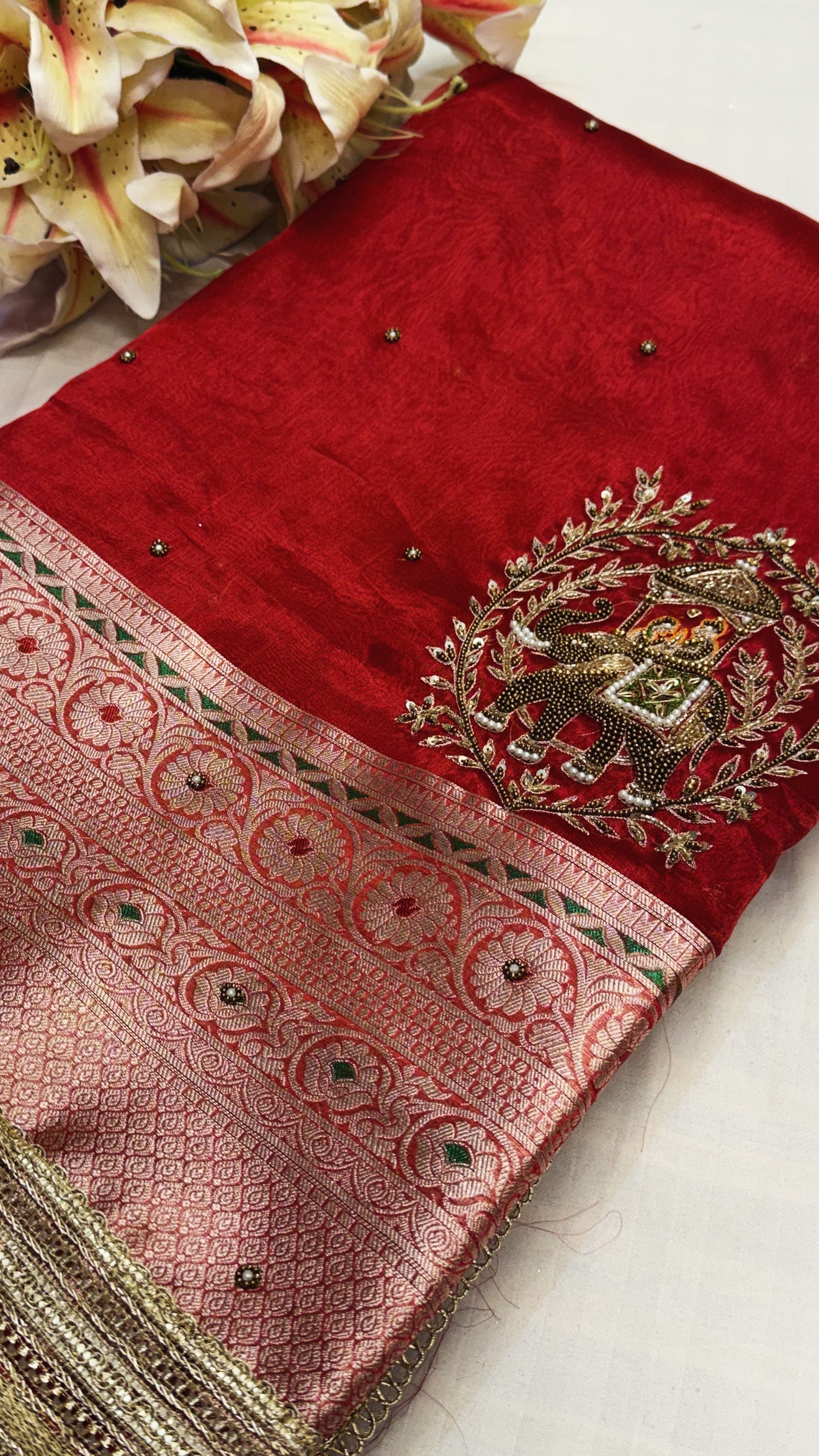 Karwachauth special - Blood red tissue silk baarat motif hand embroidered saree