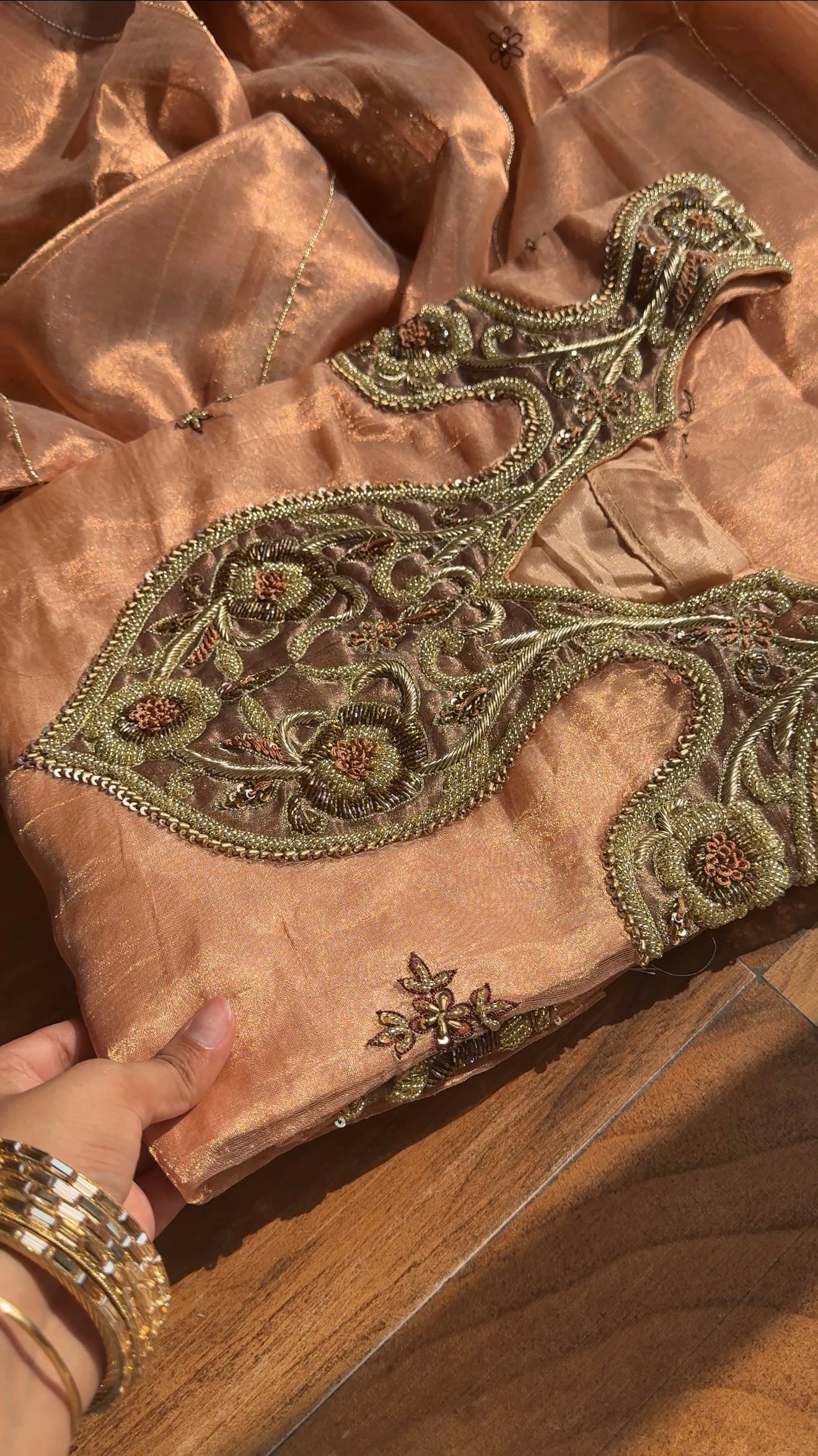 Pakeeza inspired copper tissue silk heavy zardozi work suit set