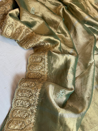 Husn mint green tissue silk heavy zardozi hand embroidered saree