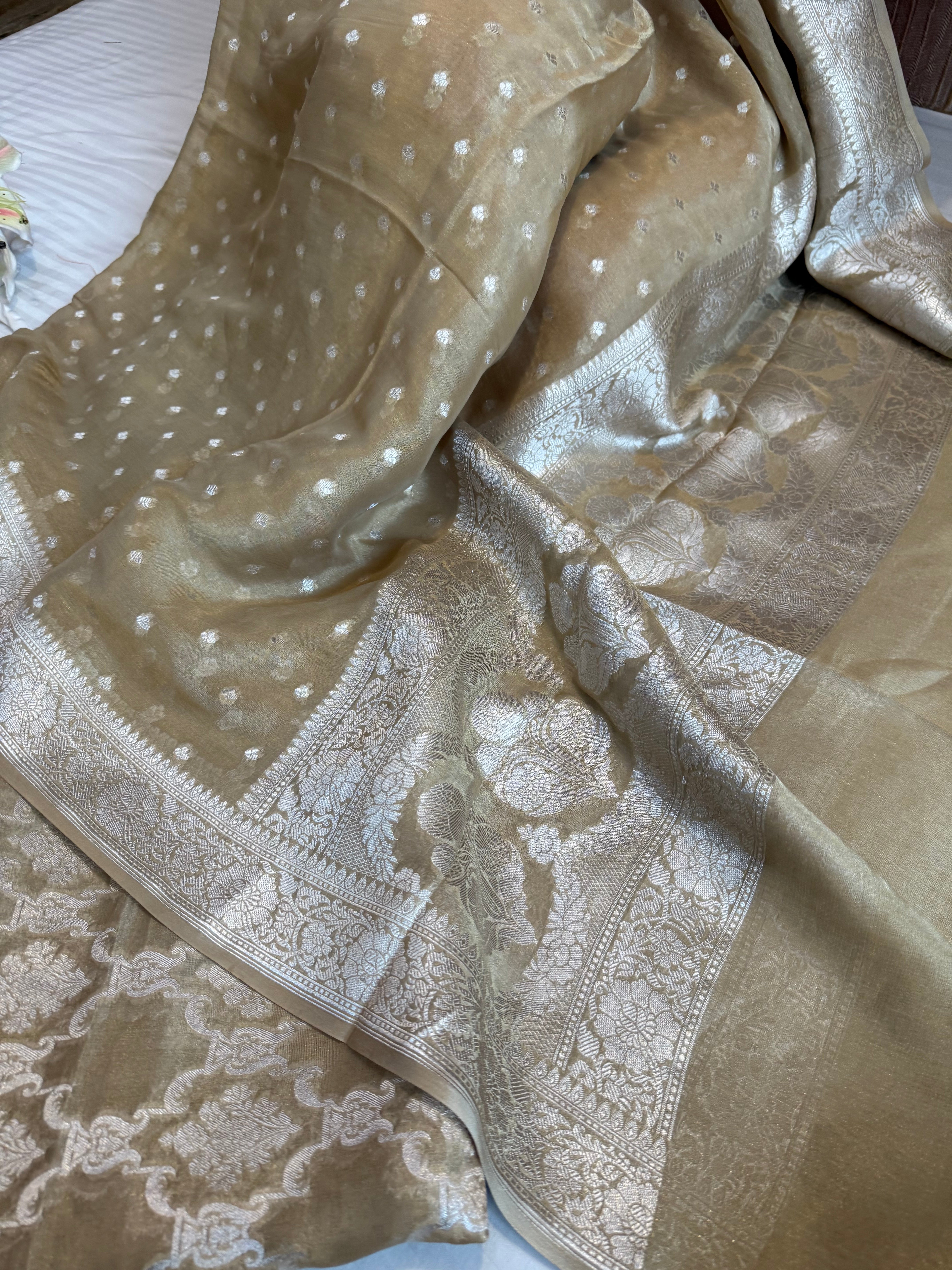 Dull golden-green banarasi tissue gorgette silver zari kadhwa suit set