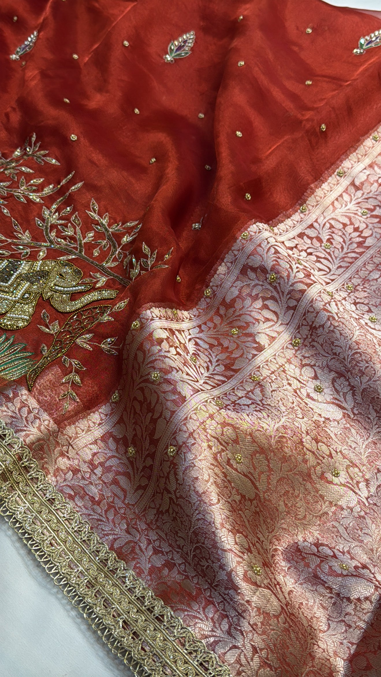 Dulhan ka joda red tissue silk hand embroidered kadhwa saree