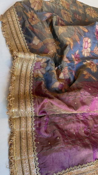 Printed tissue silk kadhwa hand embroidered gotapatti saree