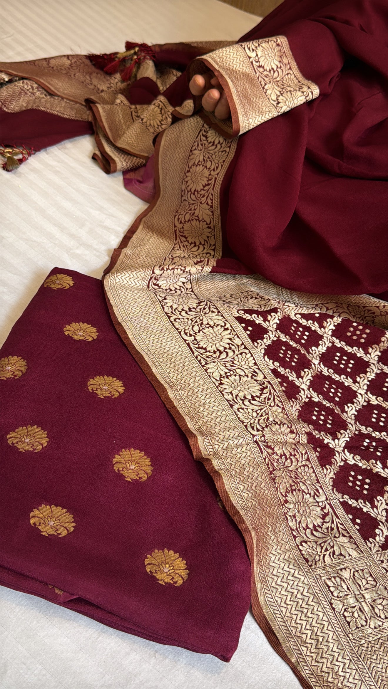 Blood maroonish banarasi gorgette kadhwa suit set