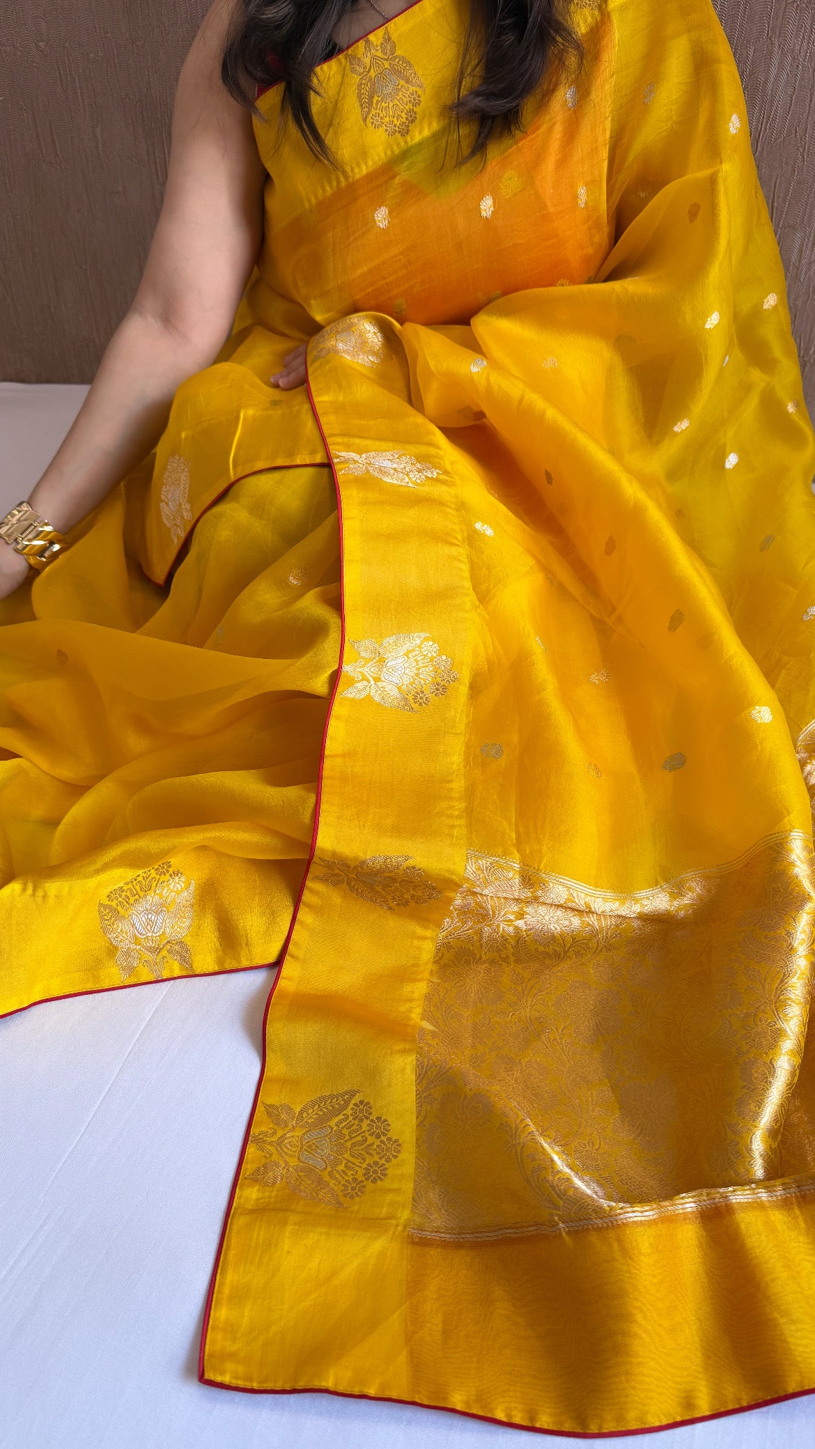Haldi yellow kora silk banarasi kadhwa border saree