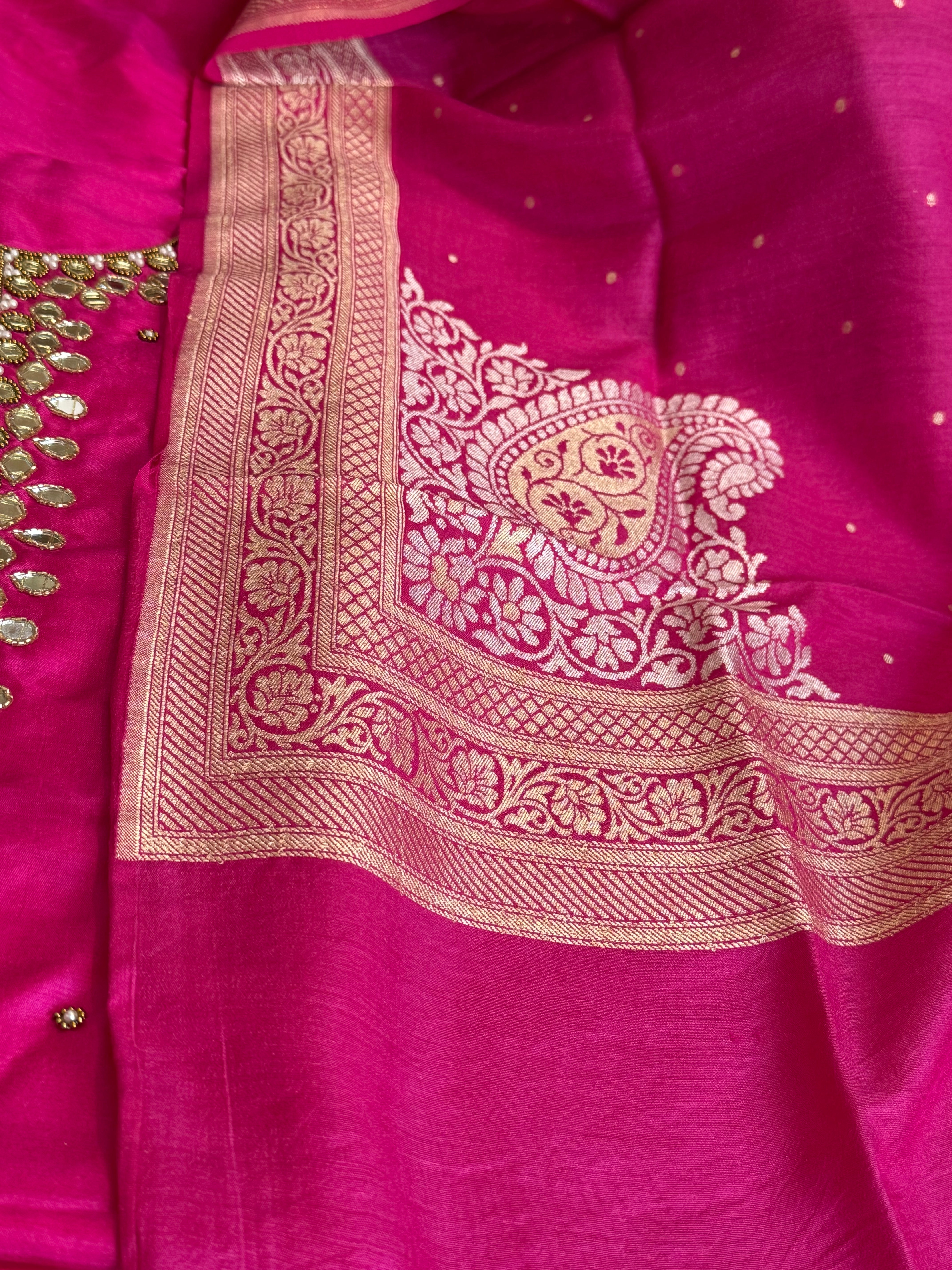 Sheesham rani pink mirror work katan silk kadhwa suit set
