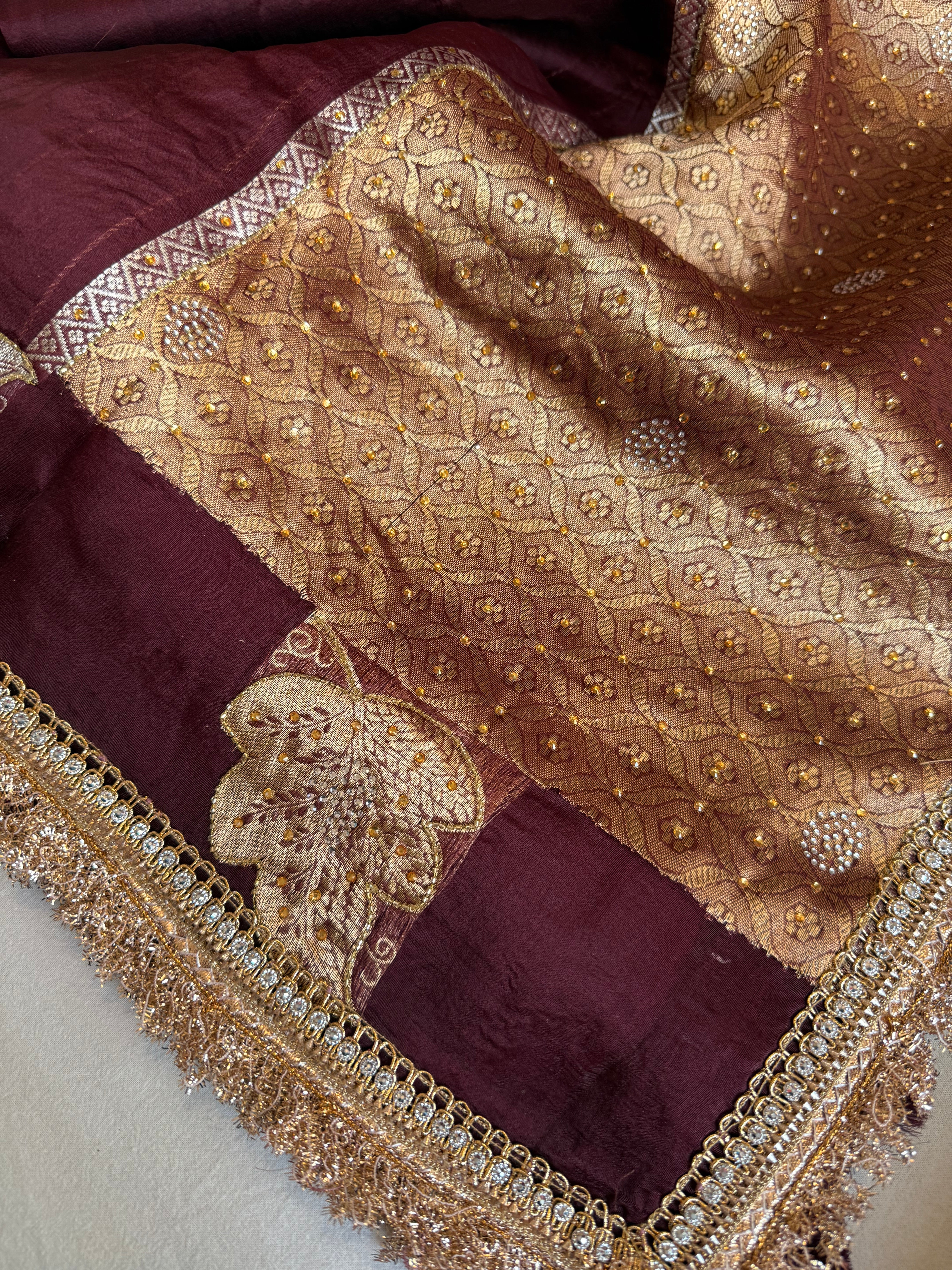 Deep plum banarasi kora silk heavy sitara stonework kadhwa gotapatti saree