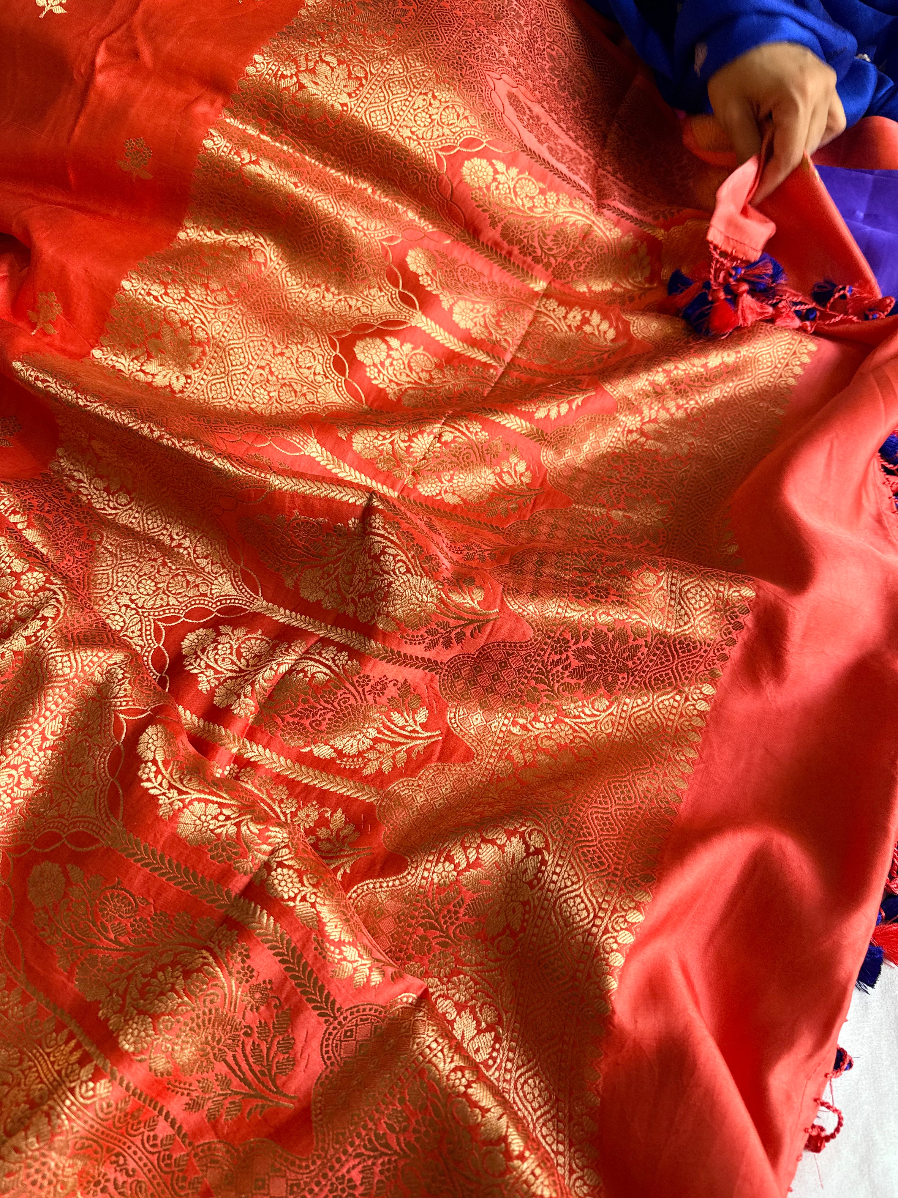 Tomato red banarasi mashru silk kadhwa buti saree