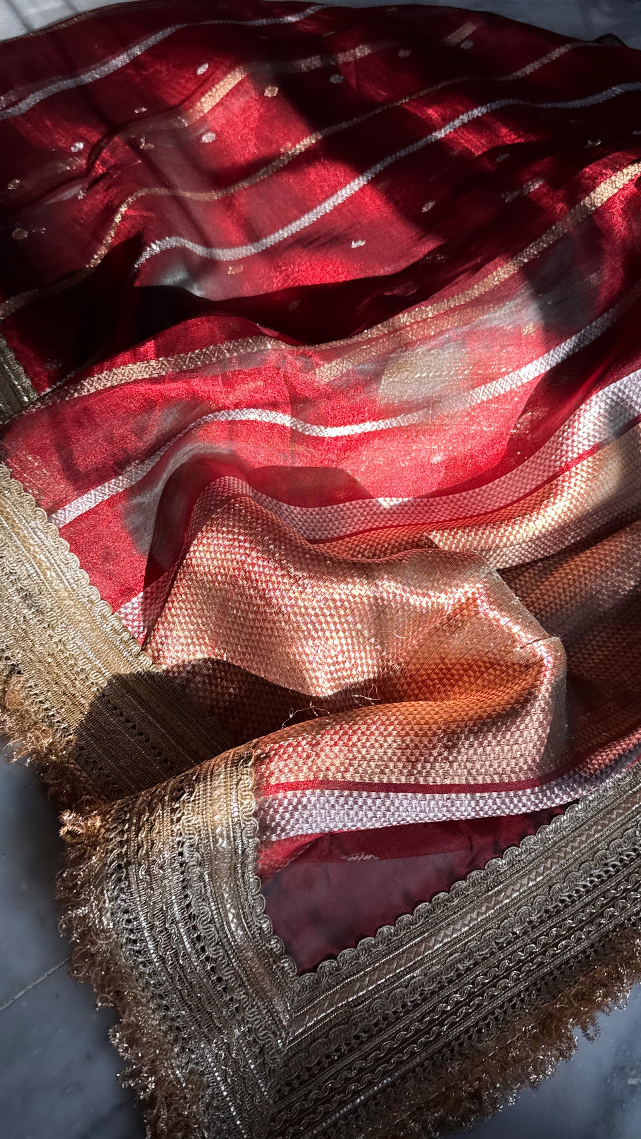 Teej special - Crimson red tissue silk striped and buti maharani saree