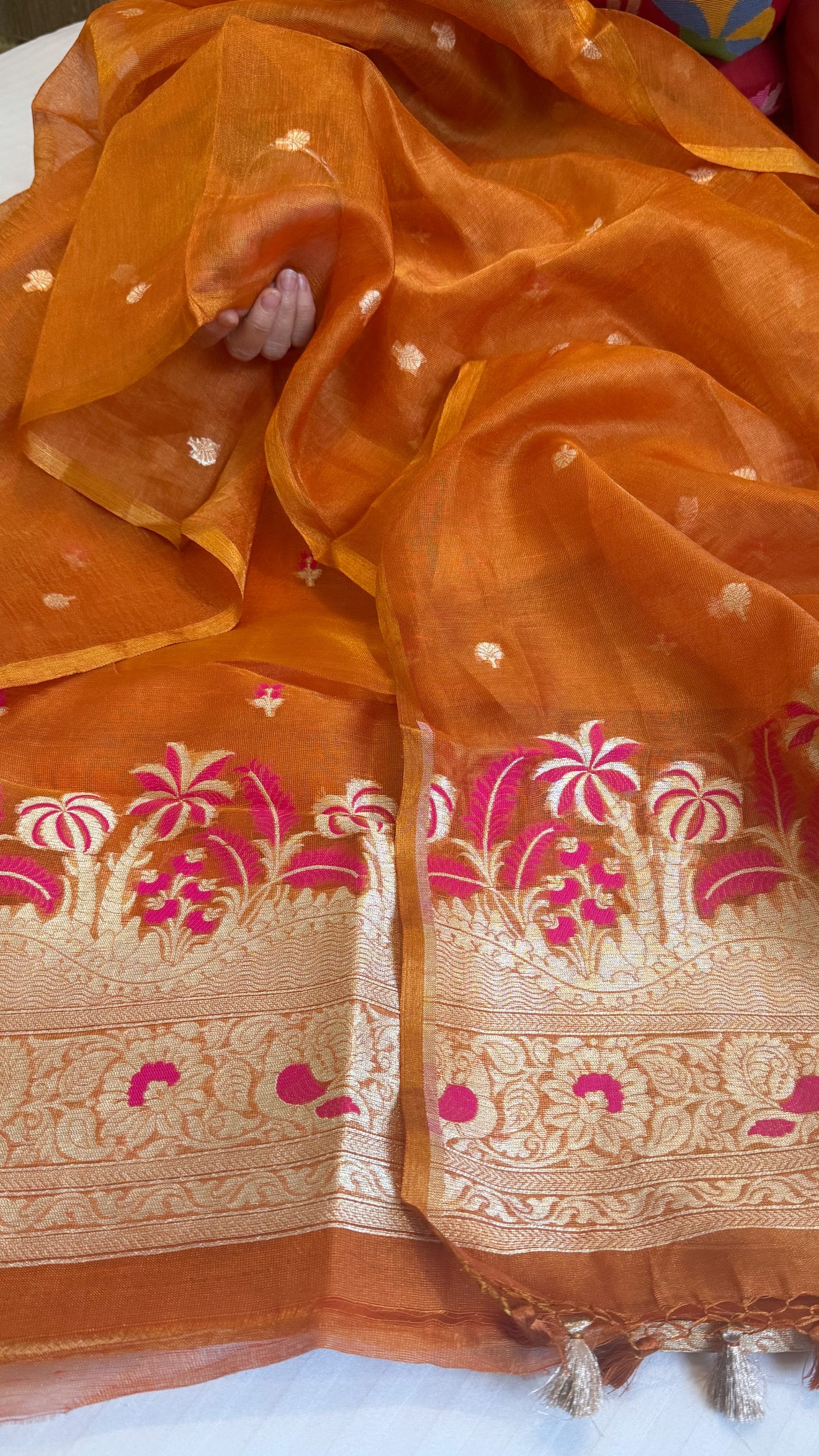 Linen tissue fanta orange meenakari kadhwa buti suit sets