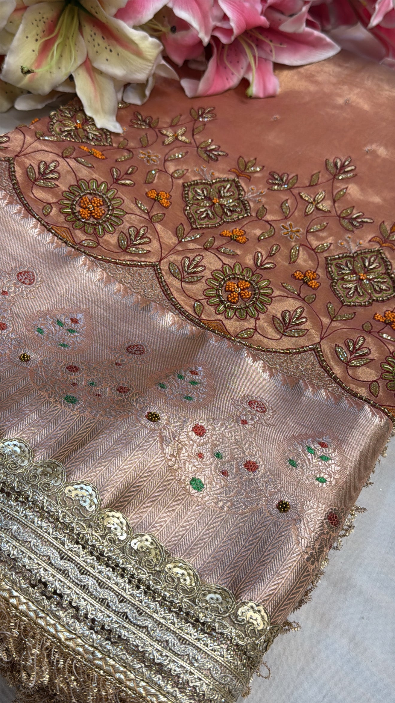 Blush peach tissue silk hand embroidered meenakari saree