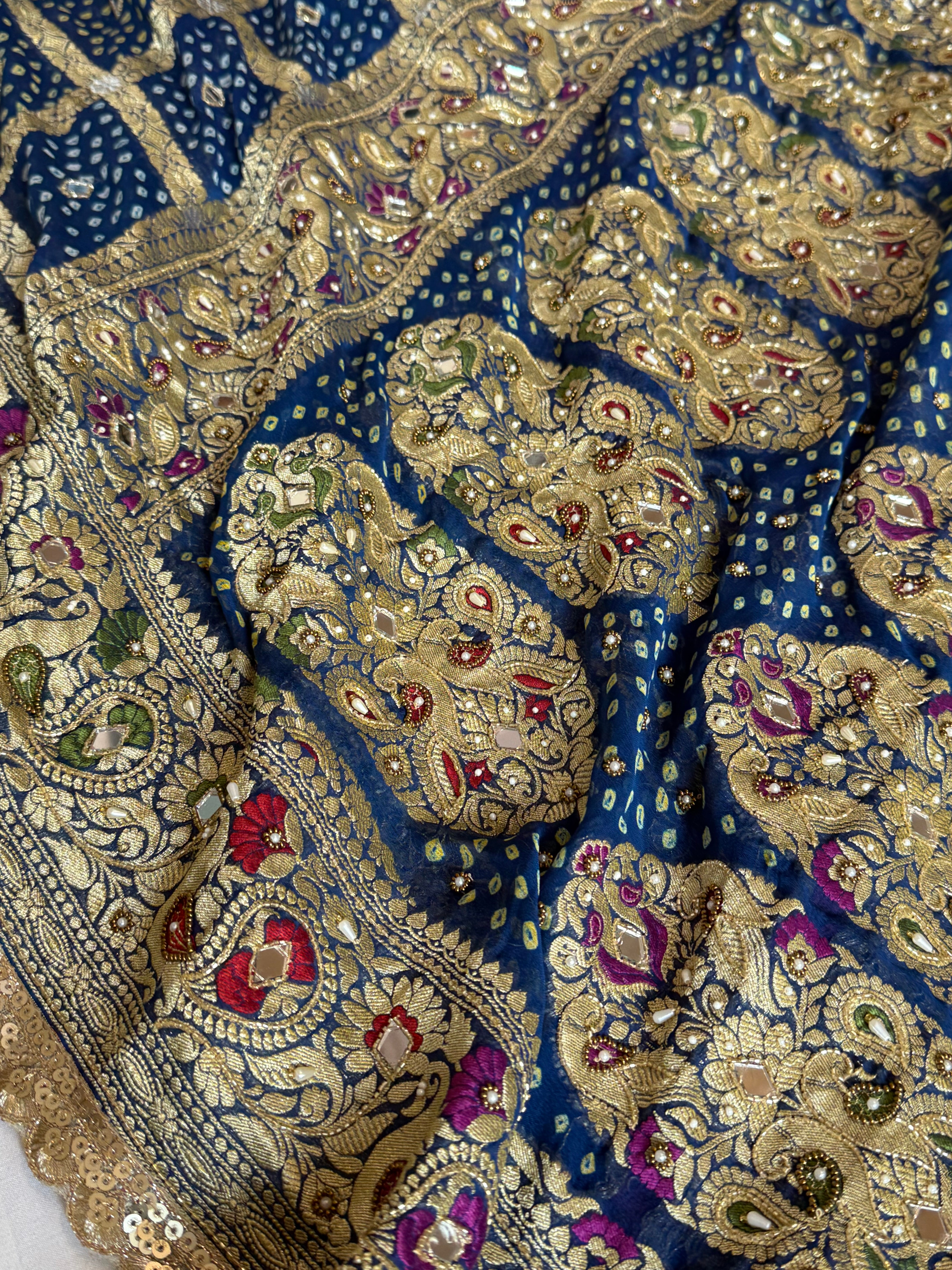 Navy blue banarasi rai chiffon gorgette kadhwa hand embroidered saree