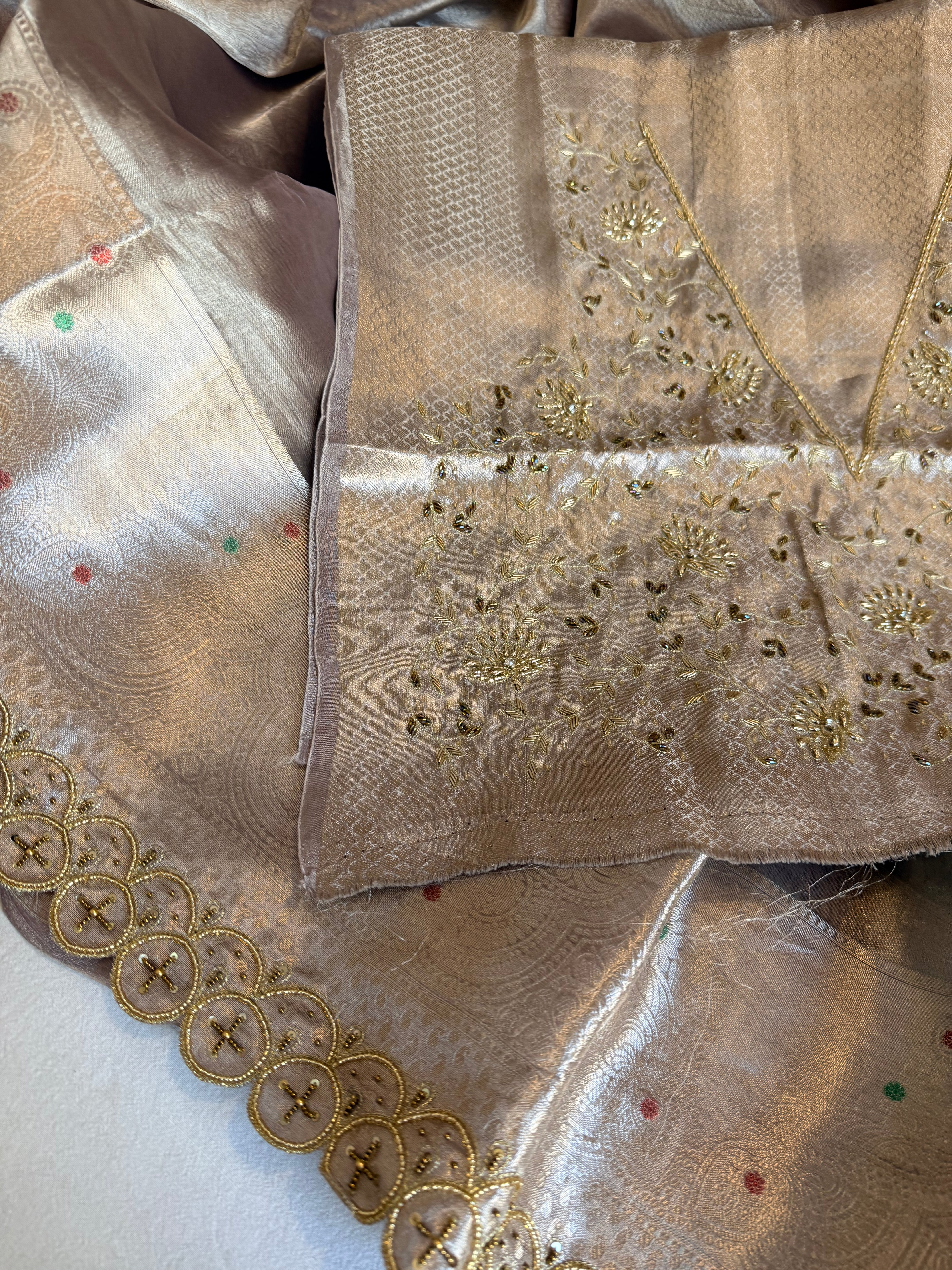 Dusty lilac husn tissue silk hand embroidered kadhwa saree with heavy blouse