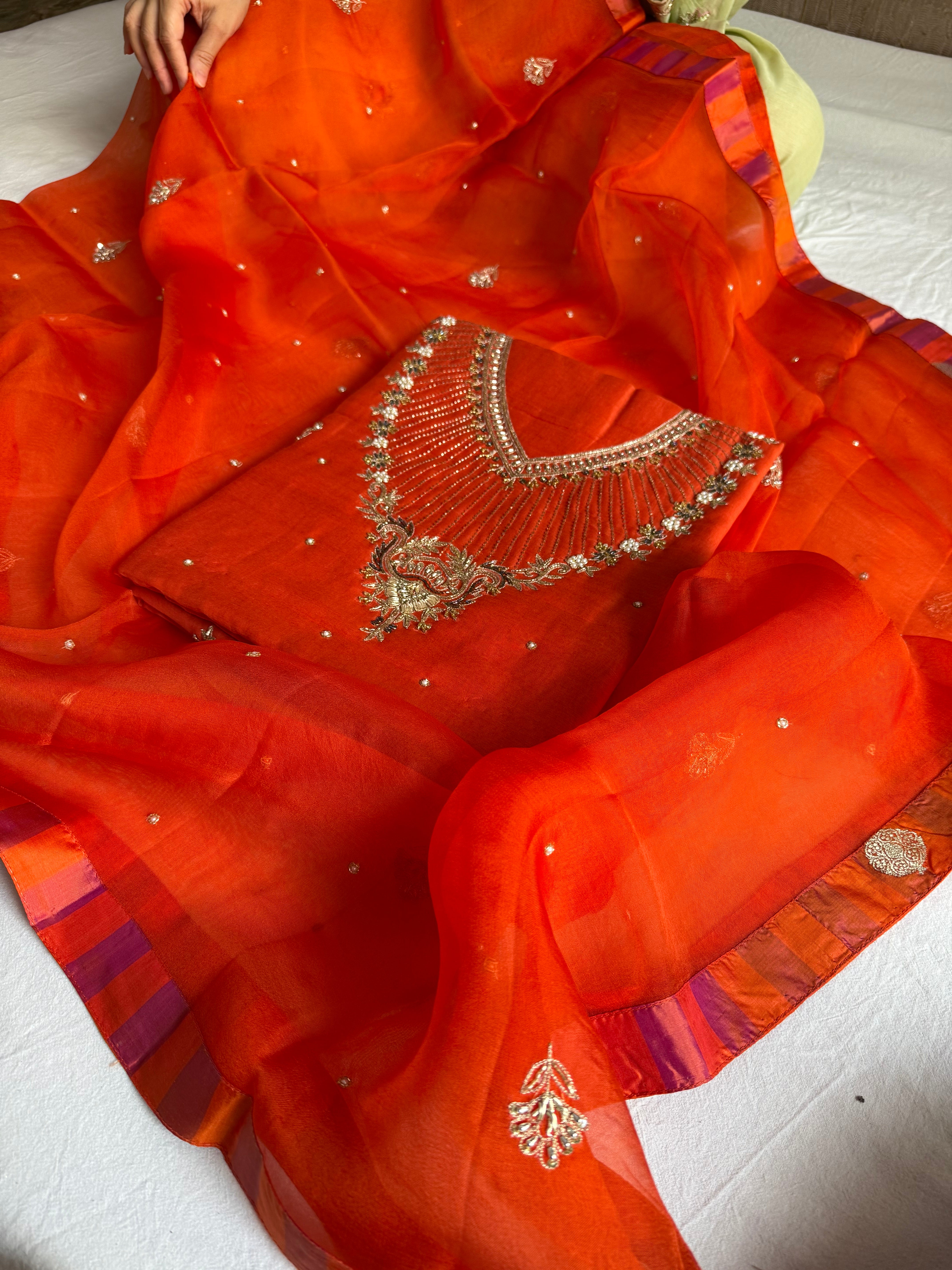 Banarasi formal wear mul cotton fanta orange hand embroidered kurta paired with kora silk banarasi border duppata set