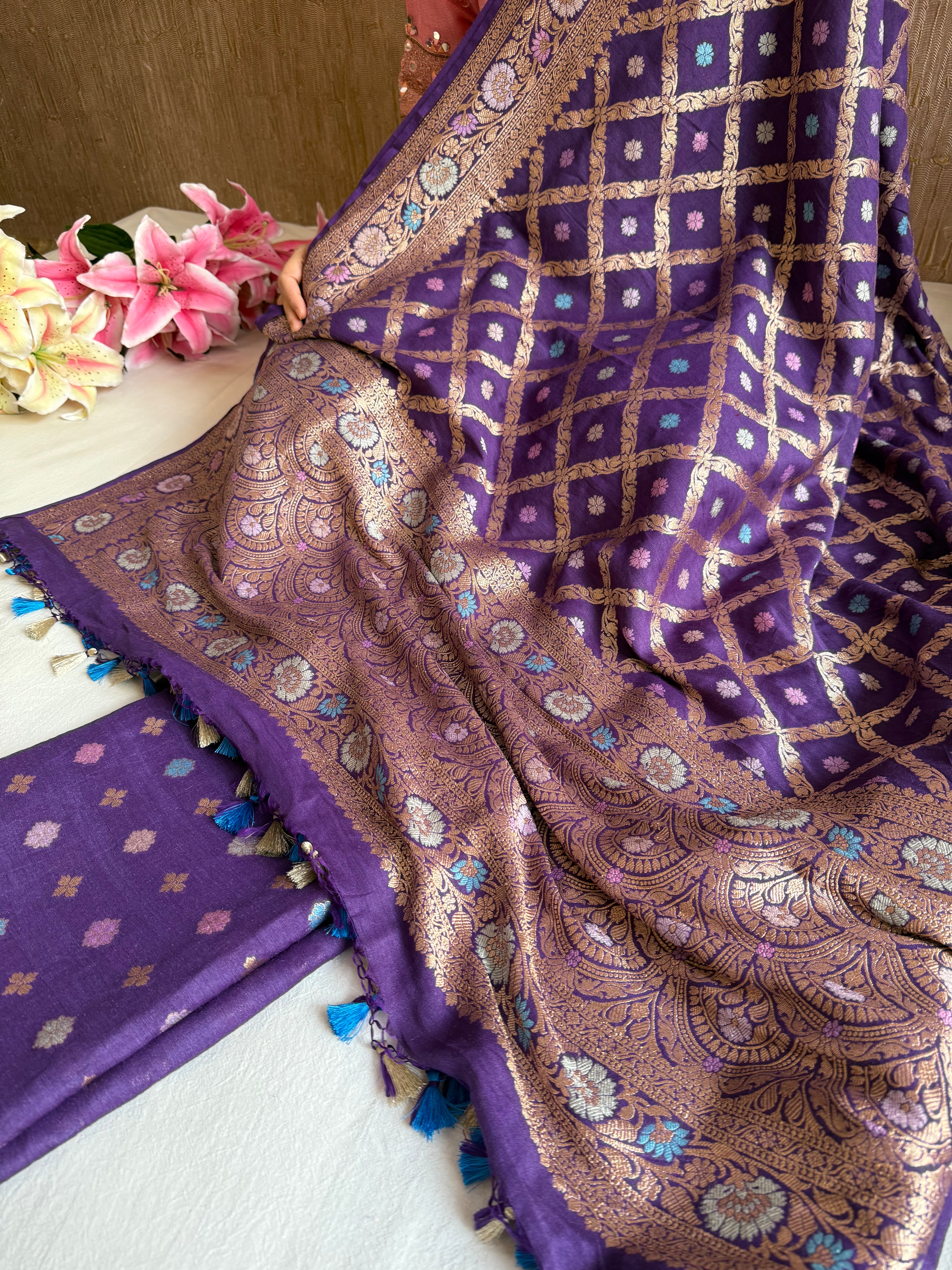 Moonga silk brinjal purple chaukadi duppata with meenakari kadhwa weaving