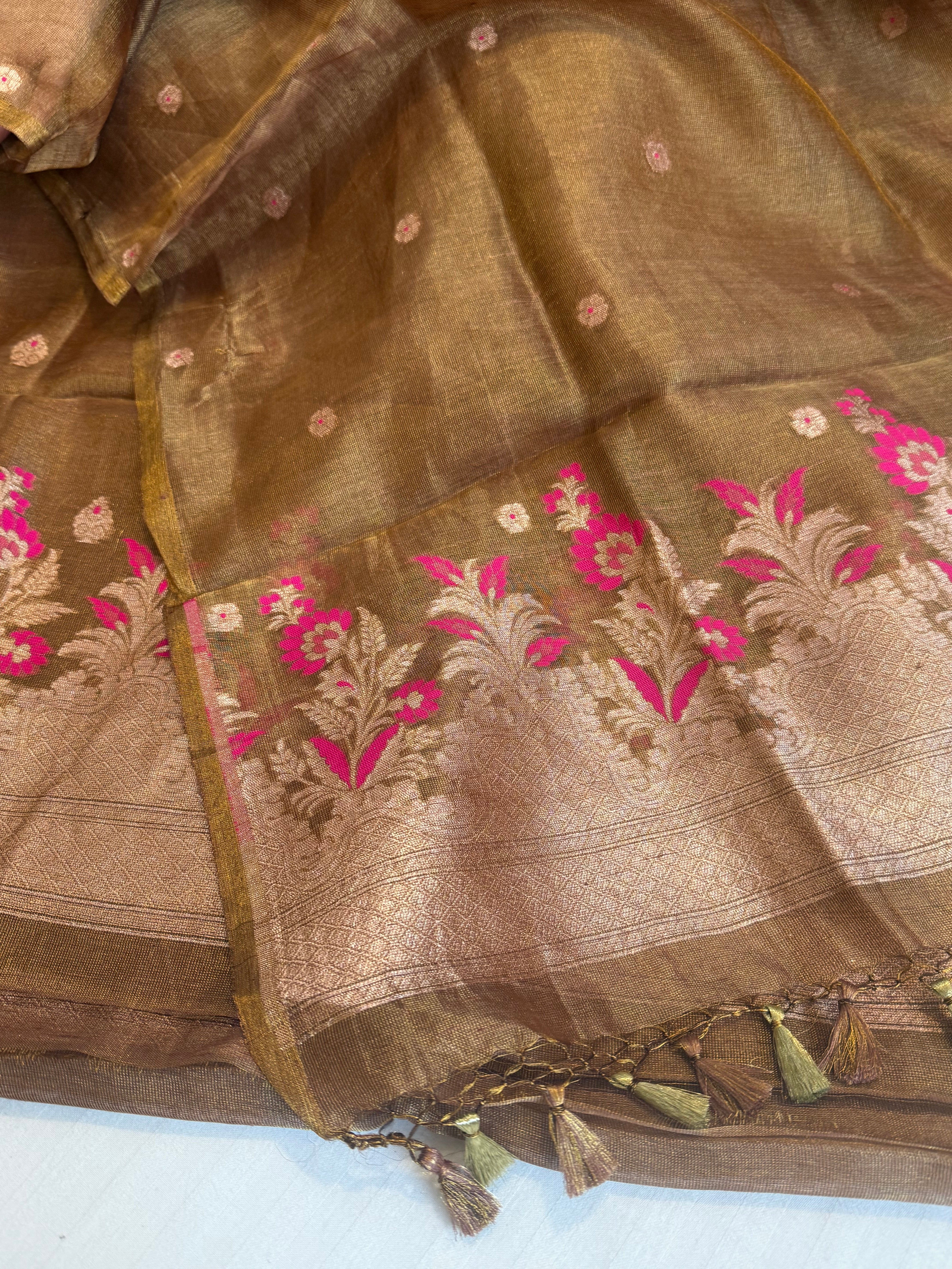 Linen tissue rose brown kadhwa meenakari buti suit sets