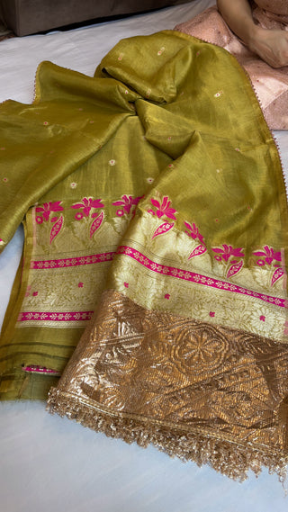 Mehendi green linen tissue silk suit set