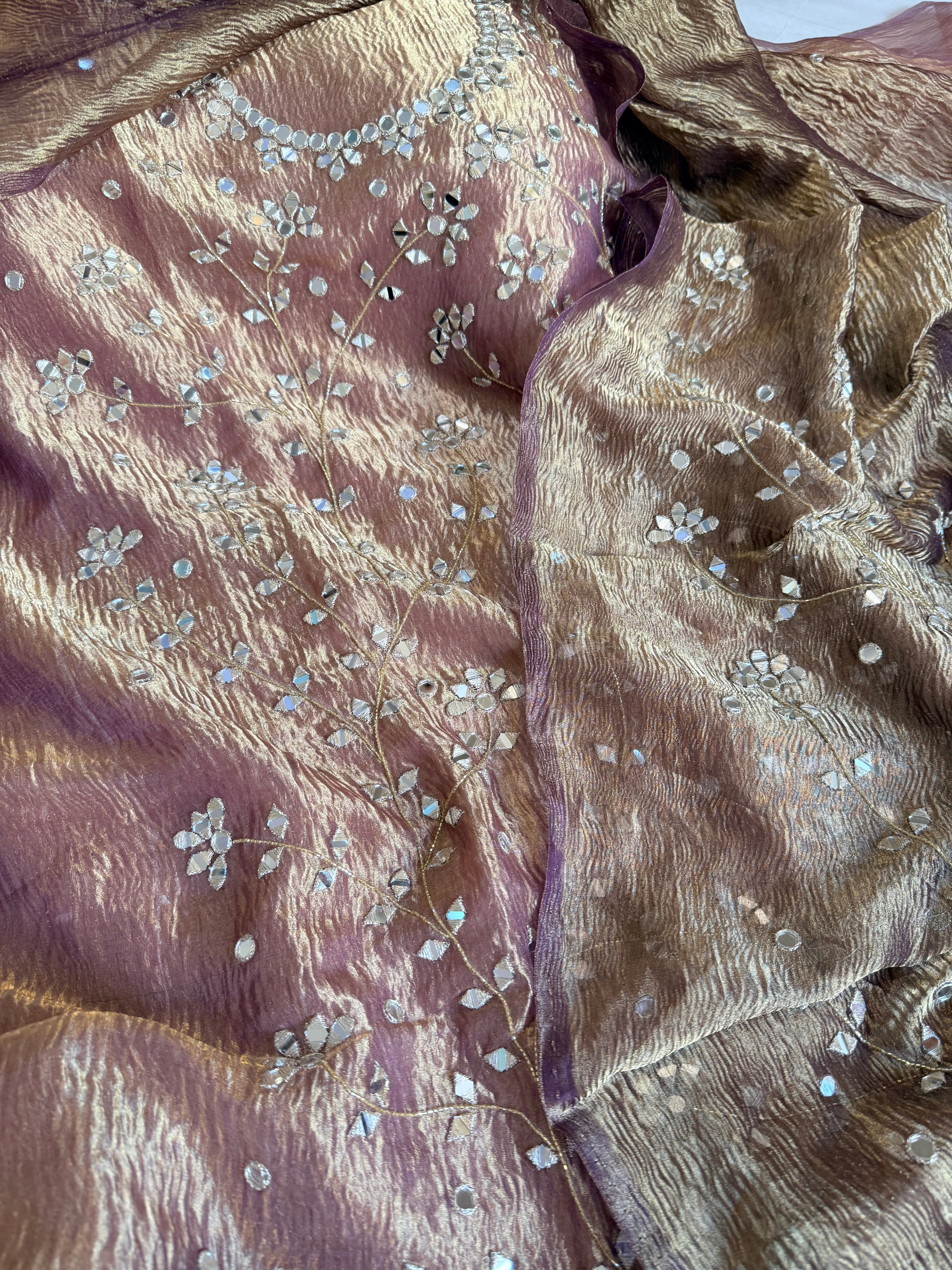 Banarasi tissue silk mirrorwork hand embroidered crushed suit sets