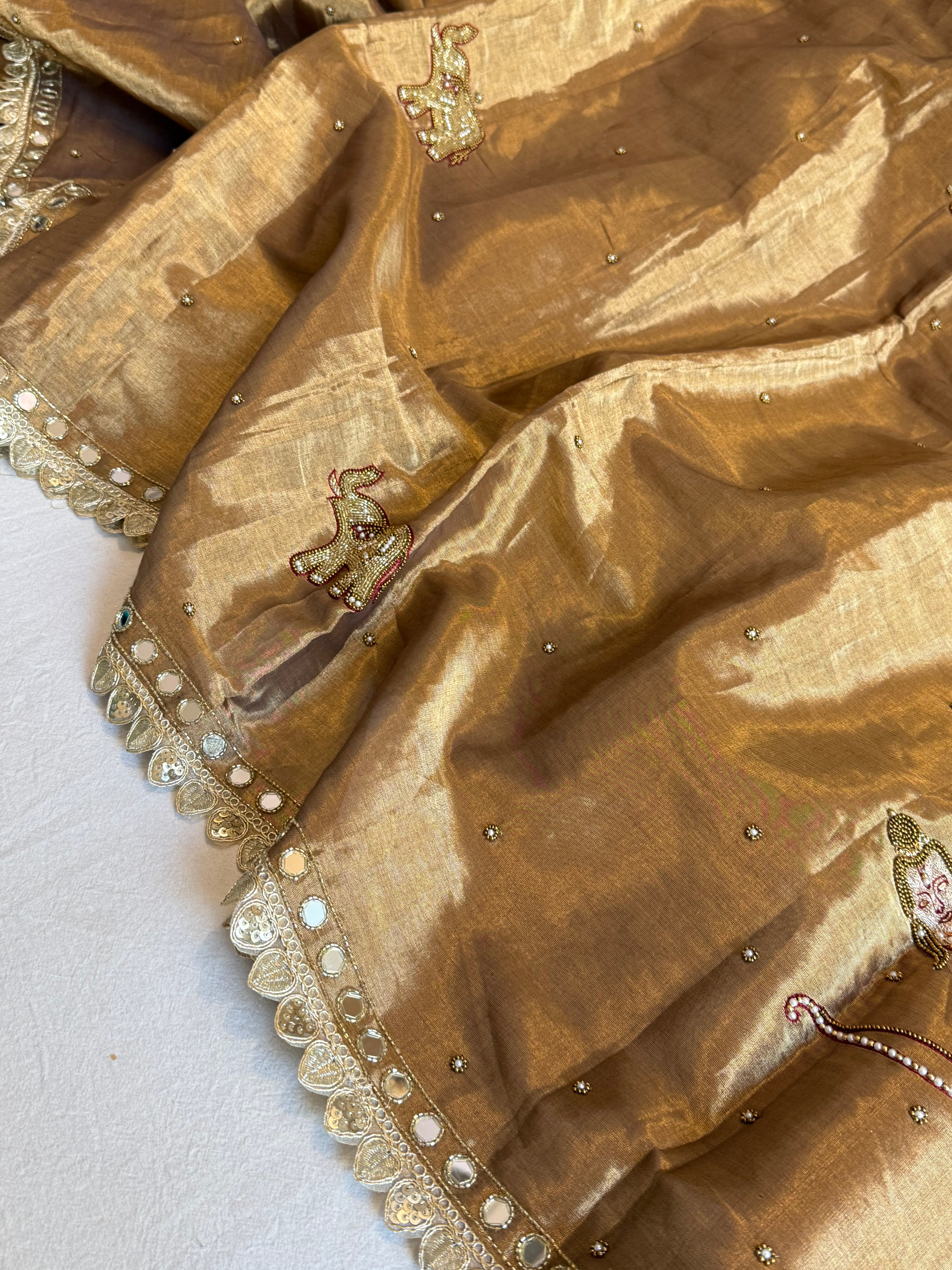 Satin tissue silk soft antique gold hand embroidered kadhwa saree