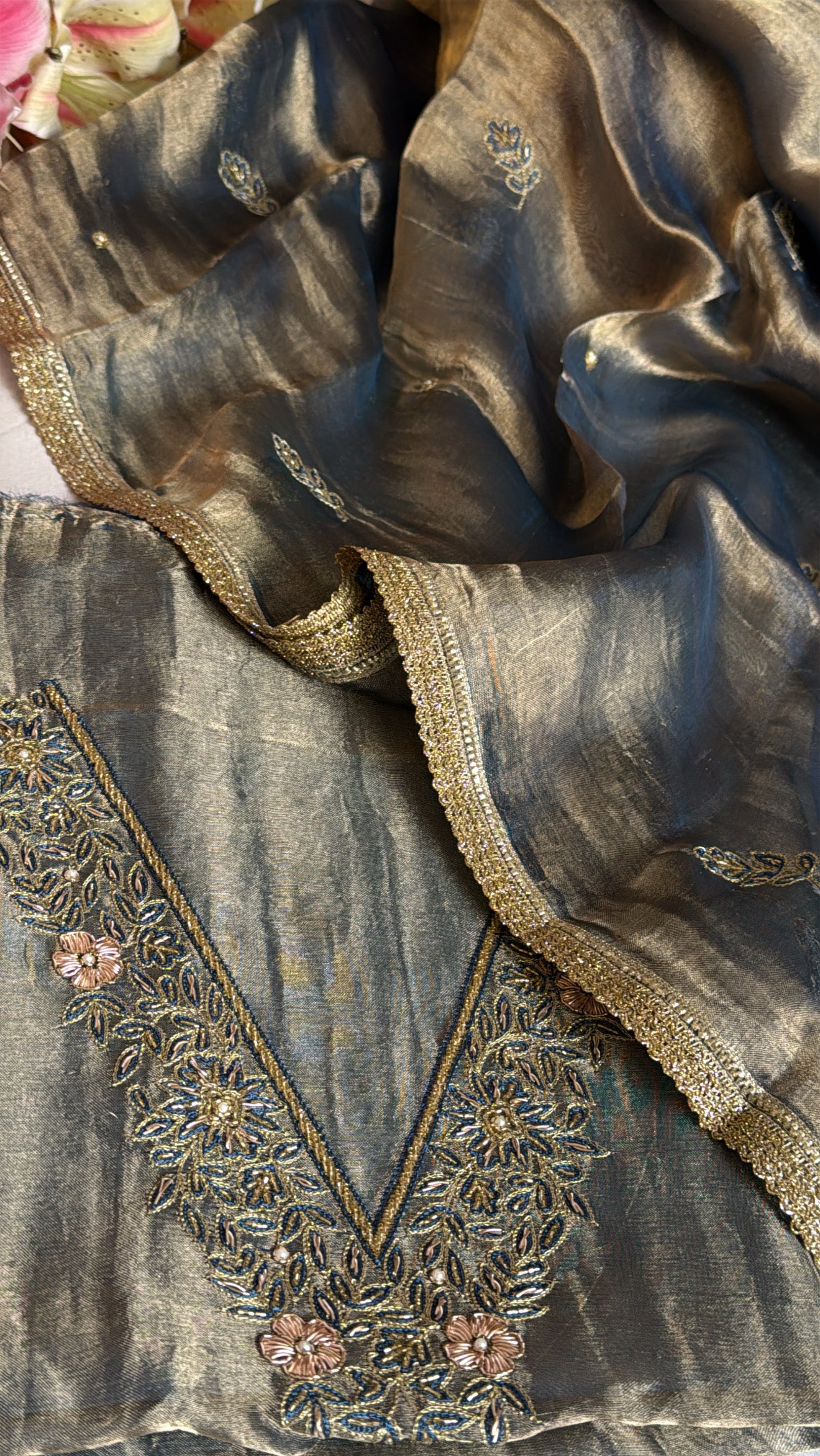 Persian blue tissue silk hand embroidered heeramandi kadhwa suit set