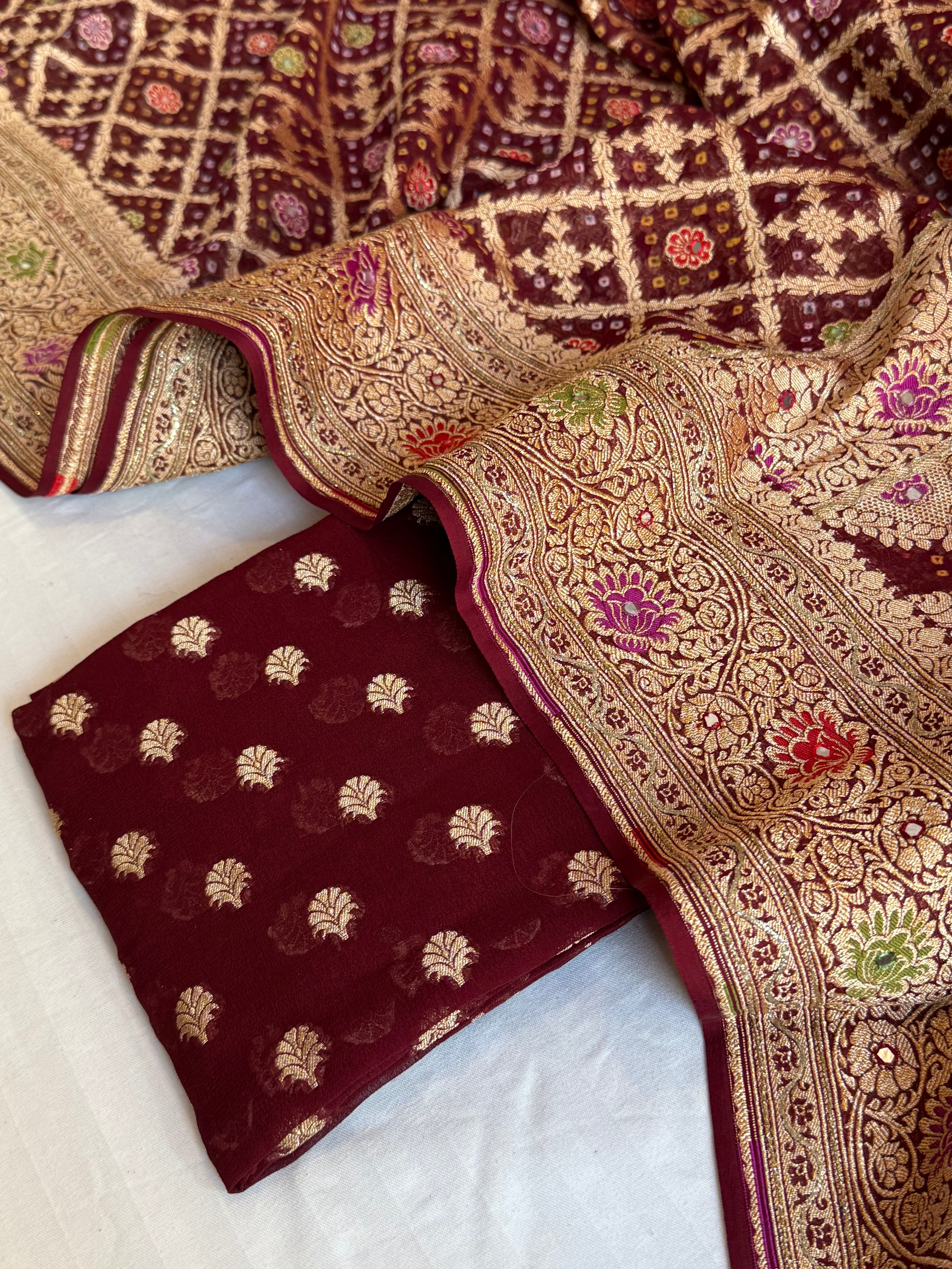 Mirror and dori work deep bergundy banarasi bandhej gorgette kadhwa suit sets