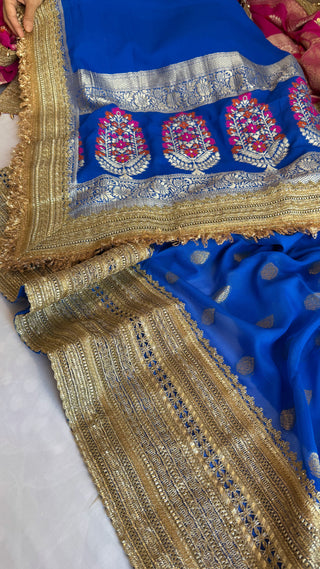 Pakistani drama inspired royal ink blue banarasi gorgette kadhwa gotapatti suit set