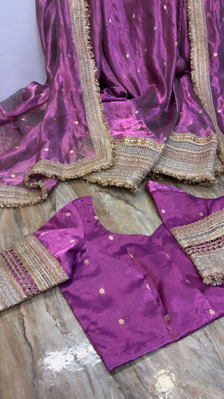 Mastani Metallic rose pink tissue silk kadhwa buti lehenga