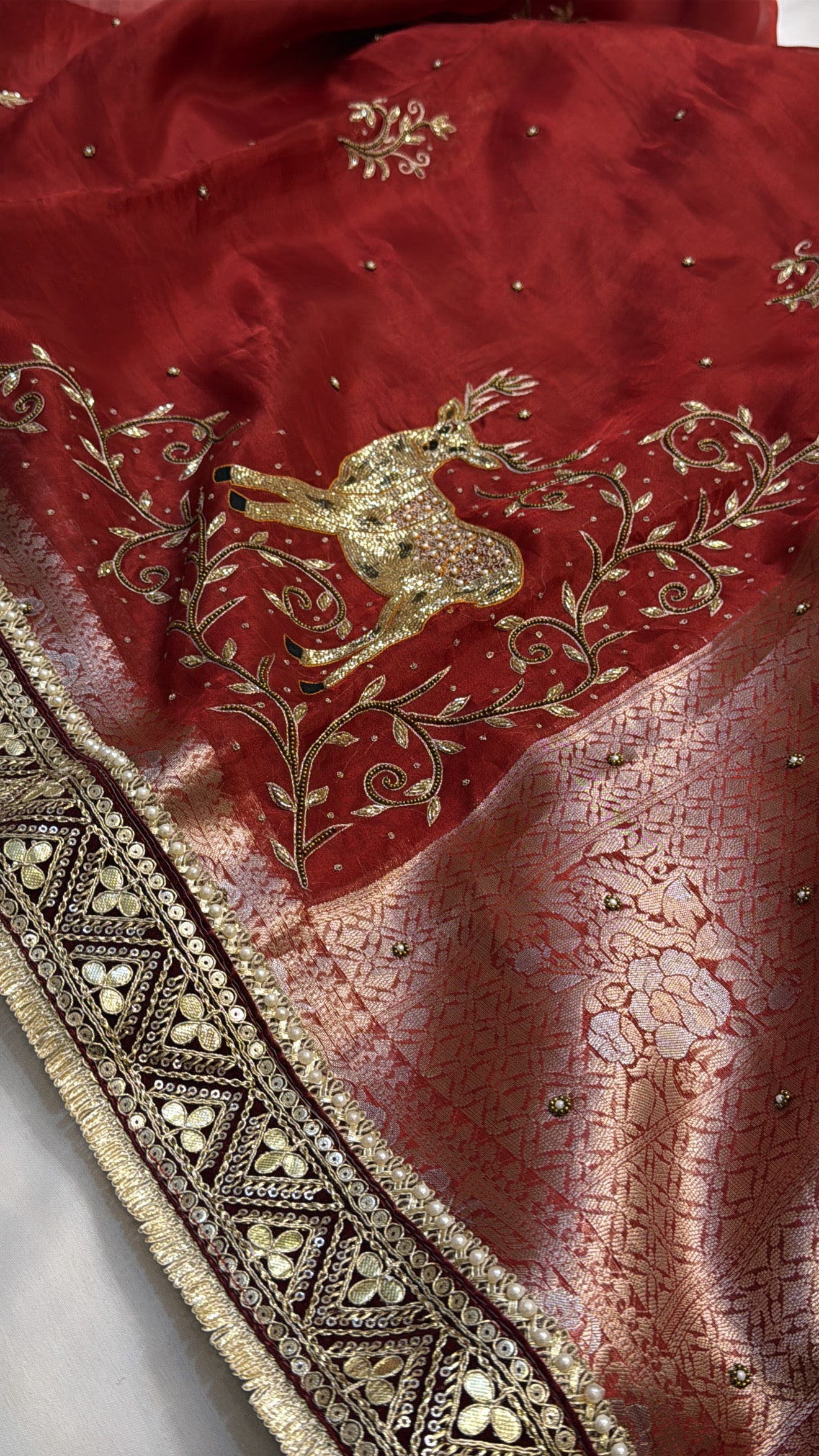 Dulhan ka joda husn red tissue silk hand embroidered kadhwa saree