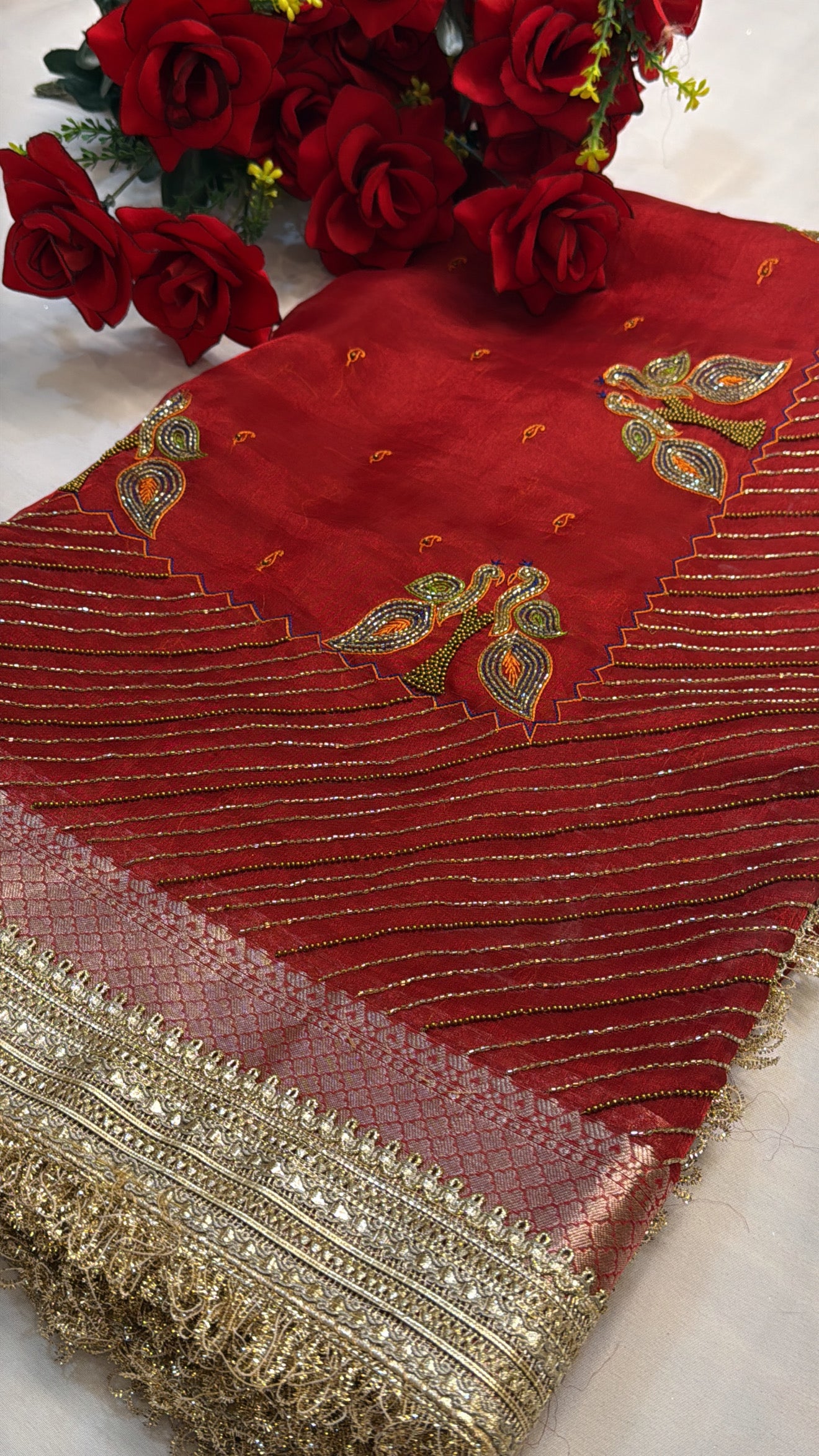 Dulhan ka joda husn red tissue silk hand embroidered saree