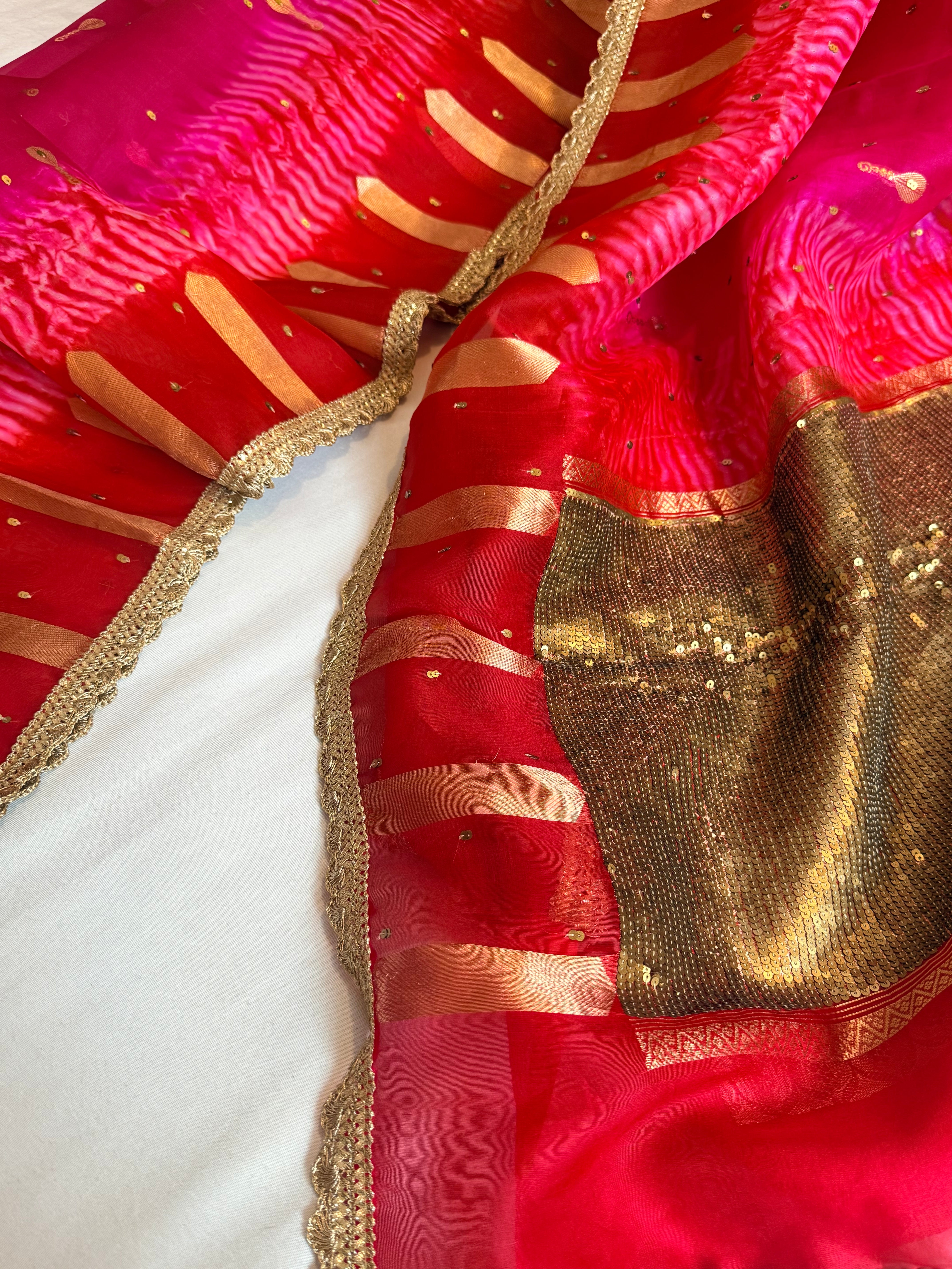 Shibori dye kora silk salma sitara work hand embroidered sequins saree