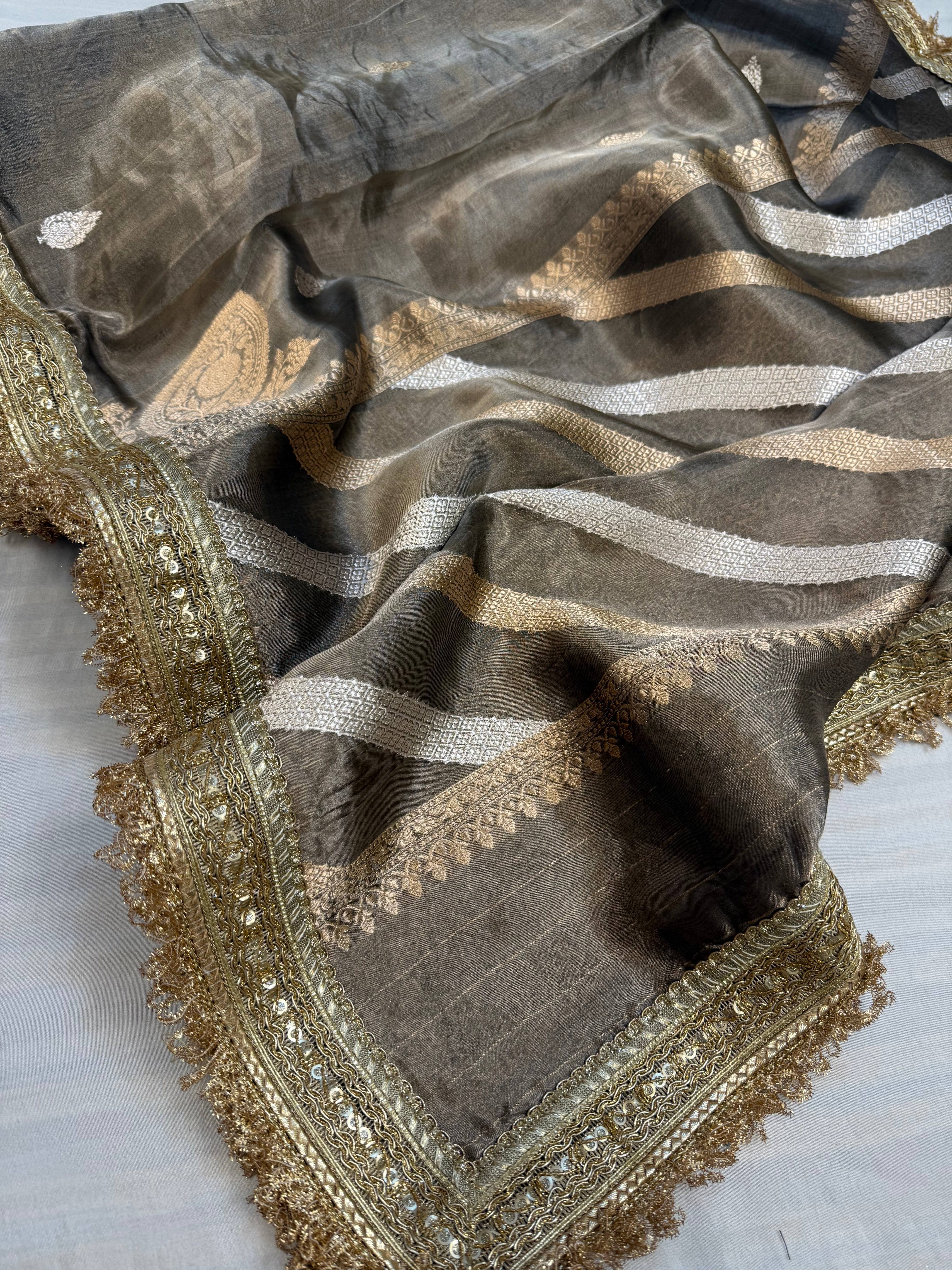 English grey maharani tissue silk kohniya buti kadhwa saree