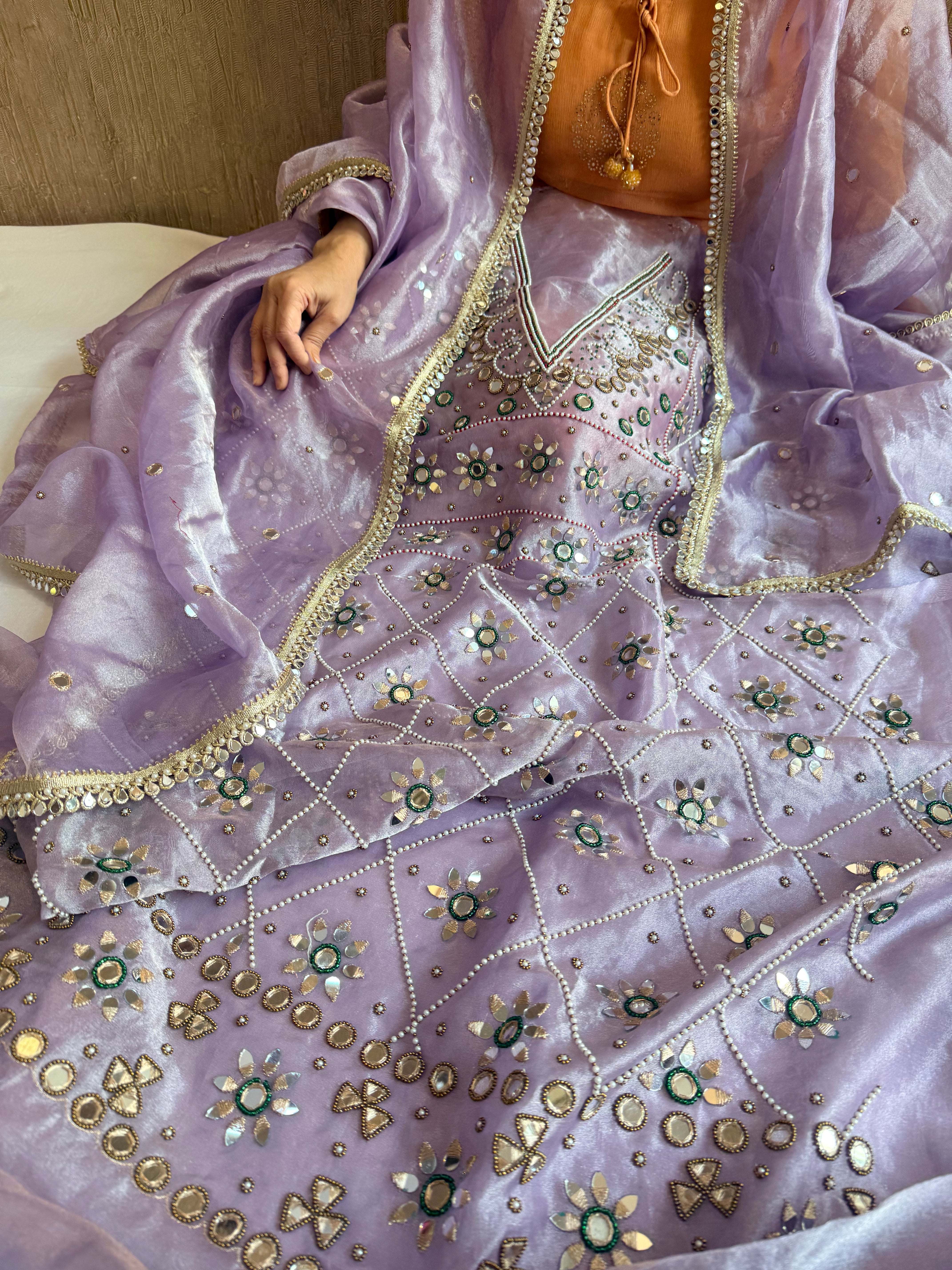 Sheeshmahal suit - Misty lilac tissue silk mirror work hand embroidered suit sets