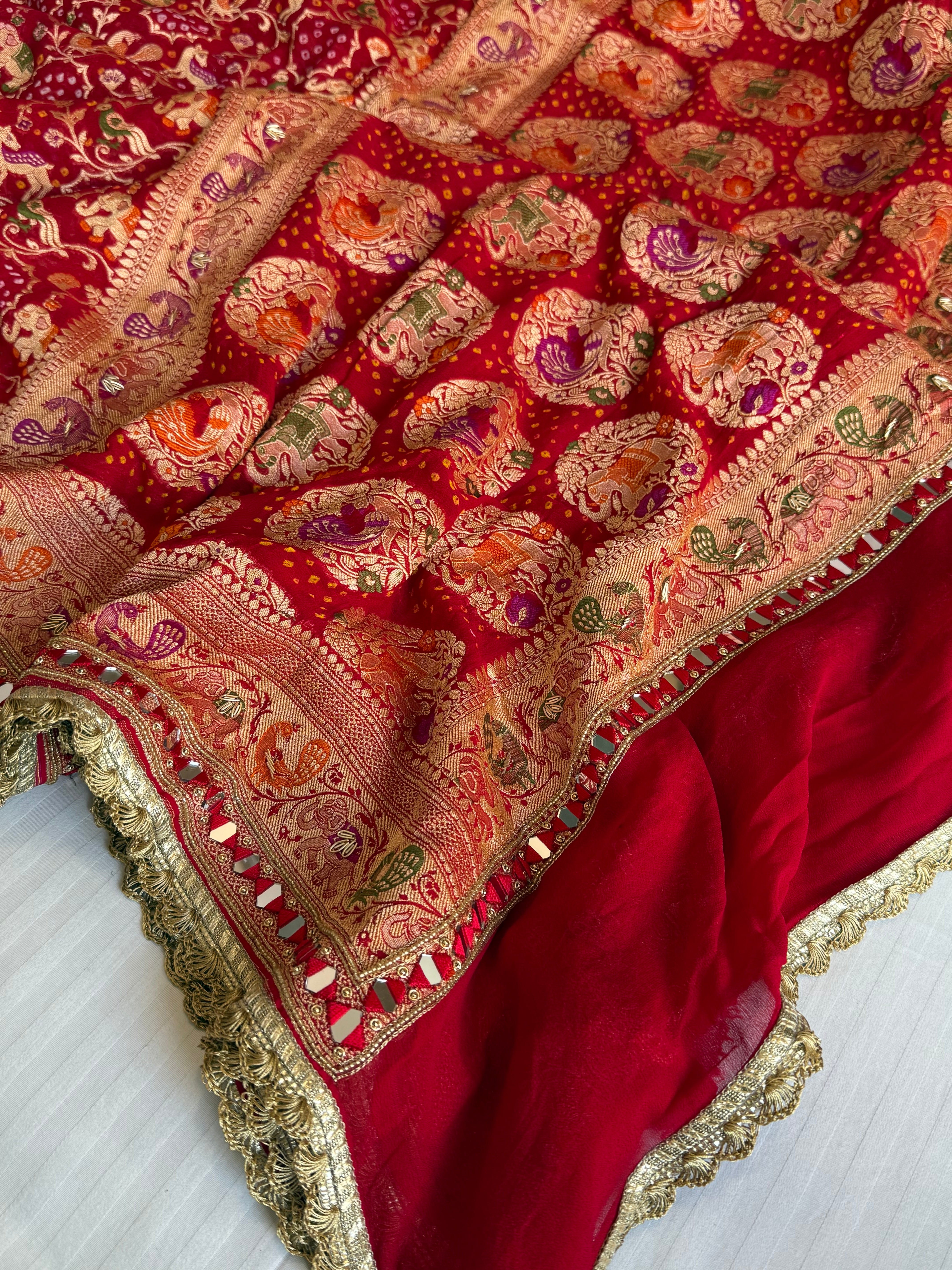 Mirror work shikargah motif hand embroidered banarasi bandhej saree