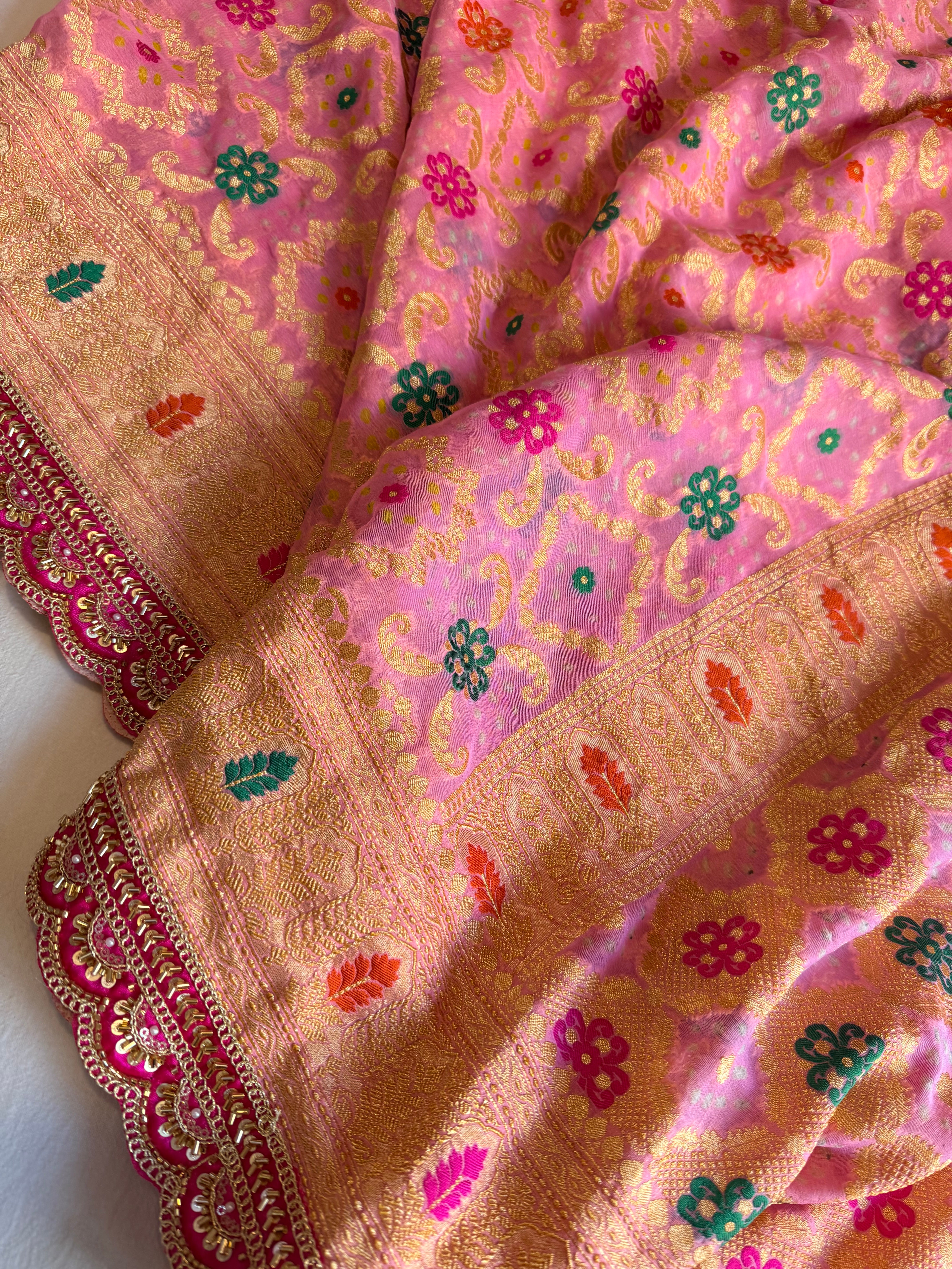 Banarasi blush shades of chiffon rai bandhej mirror work gotapatti saree